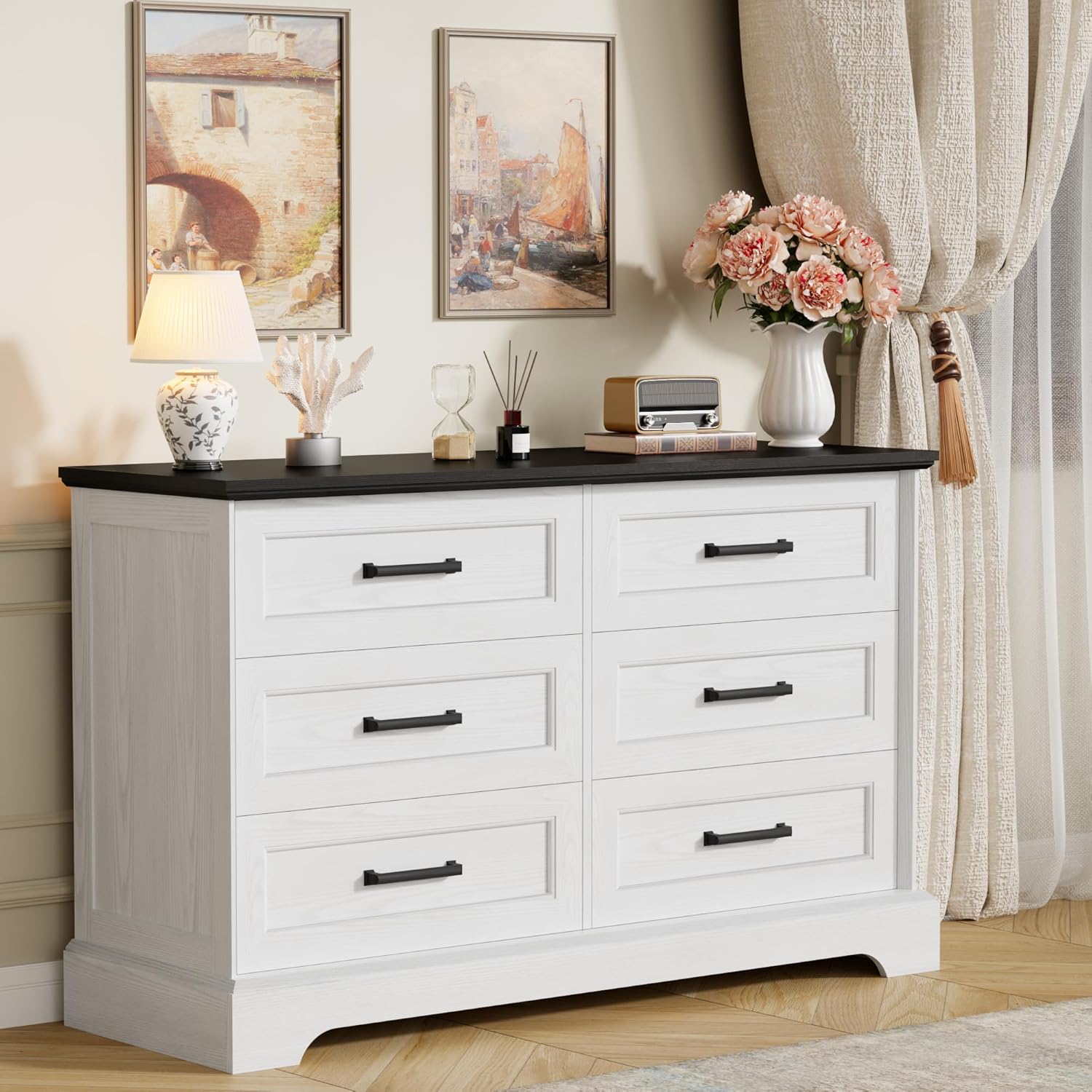 Furmax Farmhouse Dresser for Bedroom, 6 Drawers Dresser, Wood Chest of Drawers, 47.2' Wide Storage Dressers Organizer for Bedroom, Living Room, White and Black