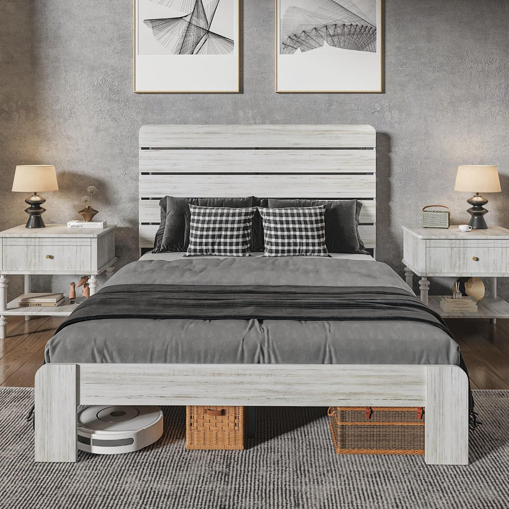 Queen Size Wooden Bed Frame with Headboard, Boho Platform Bedframe with Wood Slat Support, Sturdy and No Noise, Easy Assembly (Boho White, Queen)