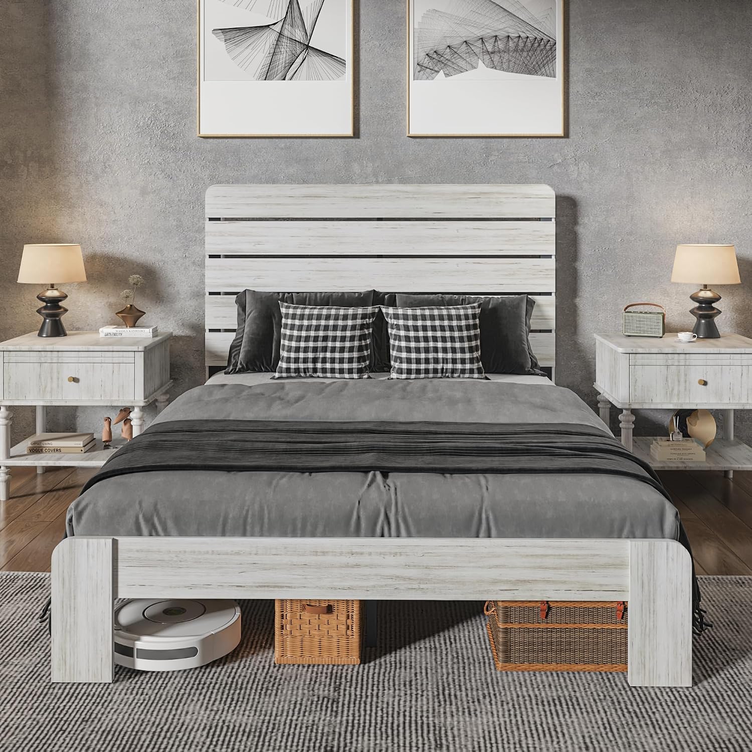 Queen Size Wooden Bed Frame with Headboard, Boho Platform Bedframe with Wood Slat Support, Sturdy and No Noise, Easy Assembly (Boho White, Queen)