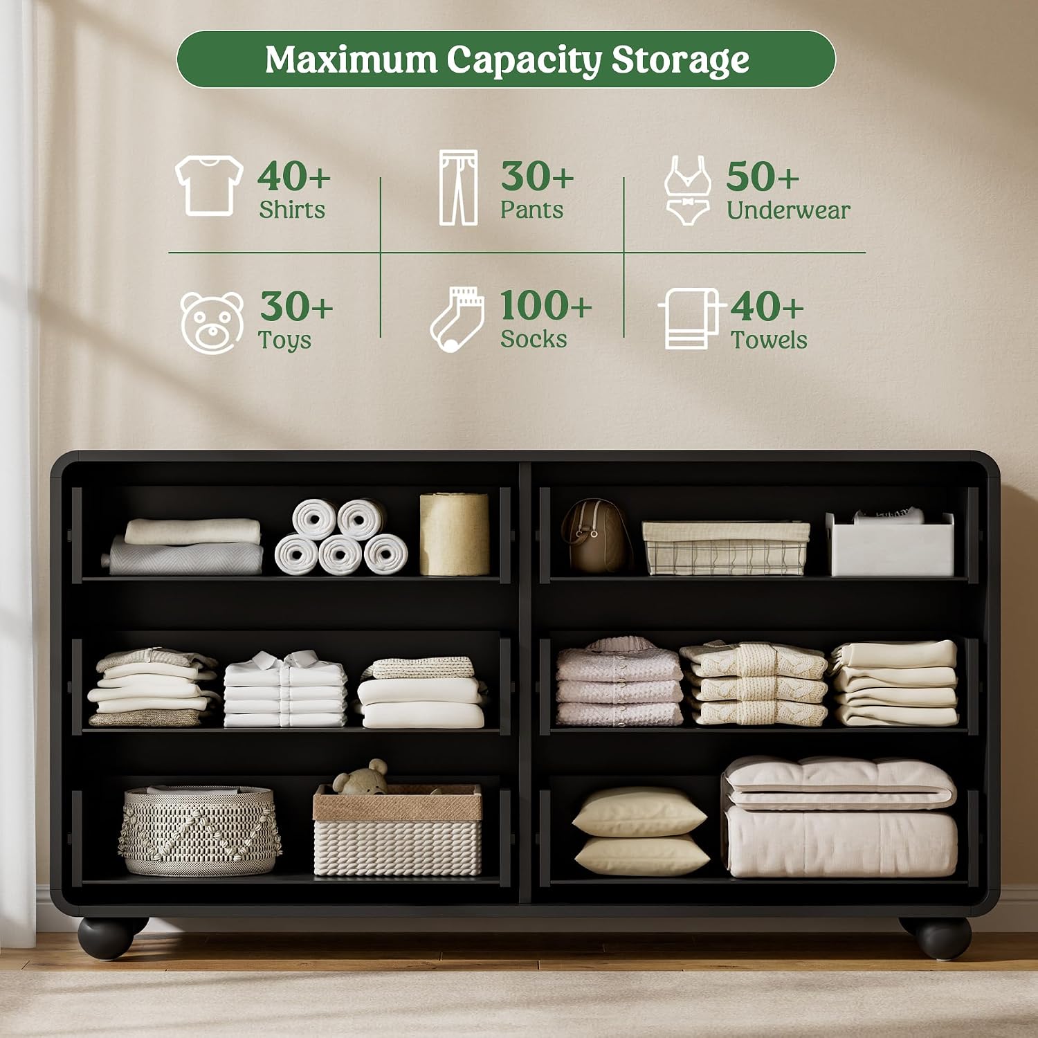 Lulive Wood Dresser for Bedroom, 53' Wide Chest of Drawers with 6 Drawers, Modern Closet Storage Drawer with Curved Profile Design for Living Room, Hallway, Entryway, Black