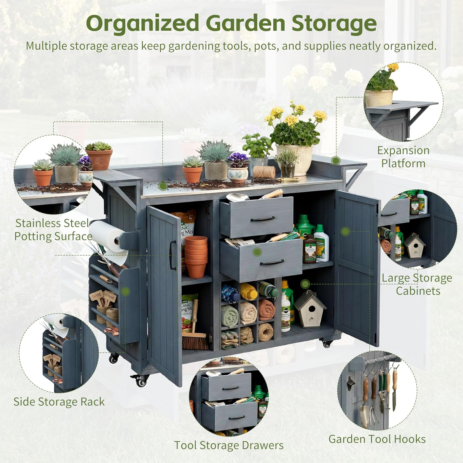 Modern 60.2''W Outdoor Kitchen Island with Wheels,Rolling Patio BBQ Cart with Stainless Steel Top,Wood Grill Cart with Spice Rack&Wine Rack,2 Drawers (Gray-T)