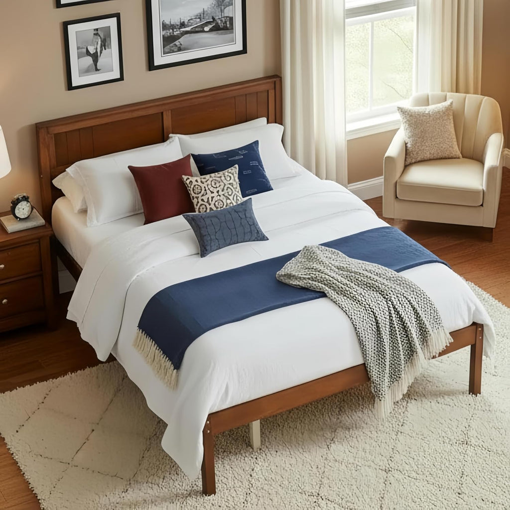 KOMFOTT Queen Size Wood Platform Bed Frame with Headboard, Solid Wood Bed Frame with Slat Support, 10-Leg Support, Under Bed Storage, 16' Mattress Foundation Bedroom Furniture, No Box Spring Needed