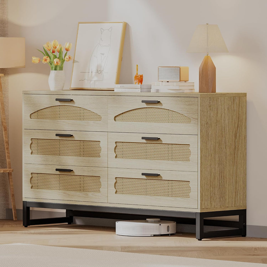 Mericonia 6 Drawer Double Dresser for Bedroom, Rattan Chest of Drawers, Modern Wooden Dresser Chest with Metal Frame for Bedroom, Living Room, Hallway and Entryway, Oak