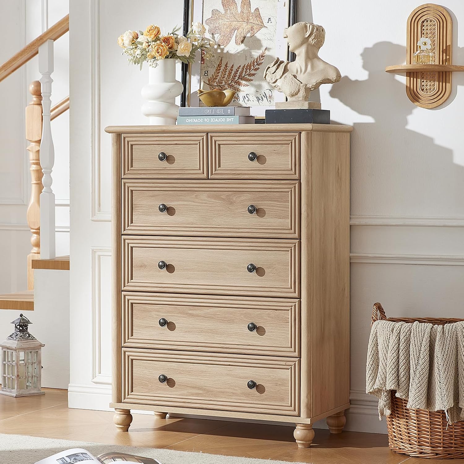 RWYHG Farmhouse 6 Drawer Dresser, 15.75'D x 31.5'W x 43.5'H Chest of Drawers for Bedroom, Natural Tall Dresser with 4 Solid Wood Feet, Wood Storage Dressers Organizer for Living Room Hallway Closet
