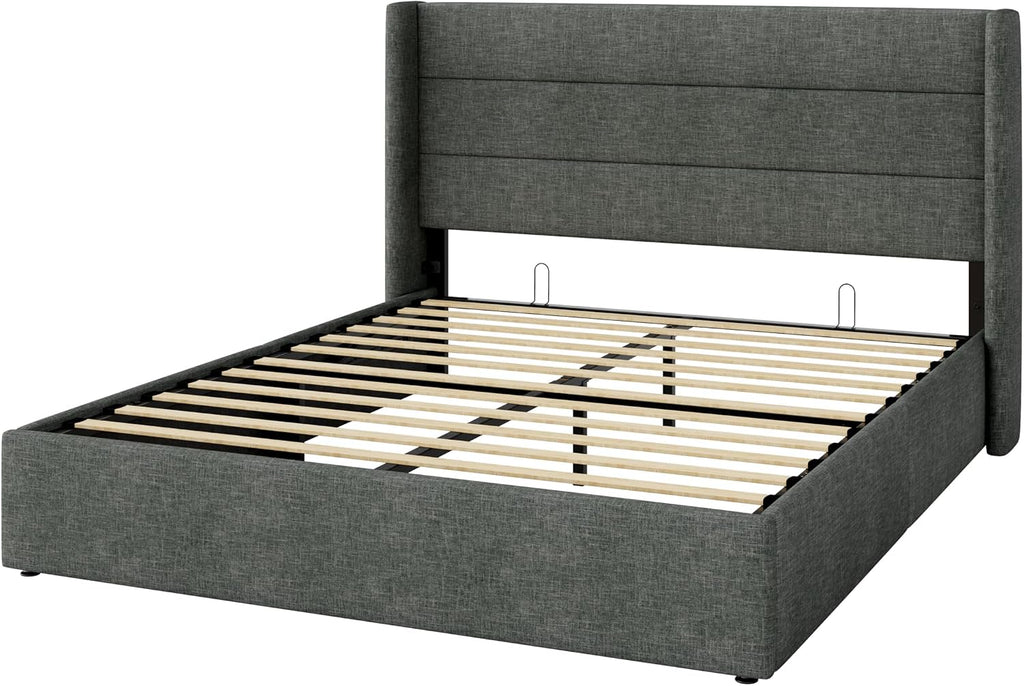 SHA CERLIN Full Size Lift Up Storage Bed/Modern Wingback Headboard/Upholstered Platform Bed Frame/Hydraulic Storage/No Box Spring Needed/Wood Slats Support/Dark Grey
