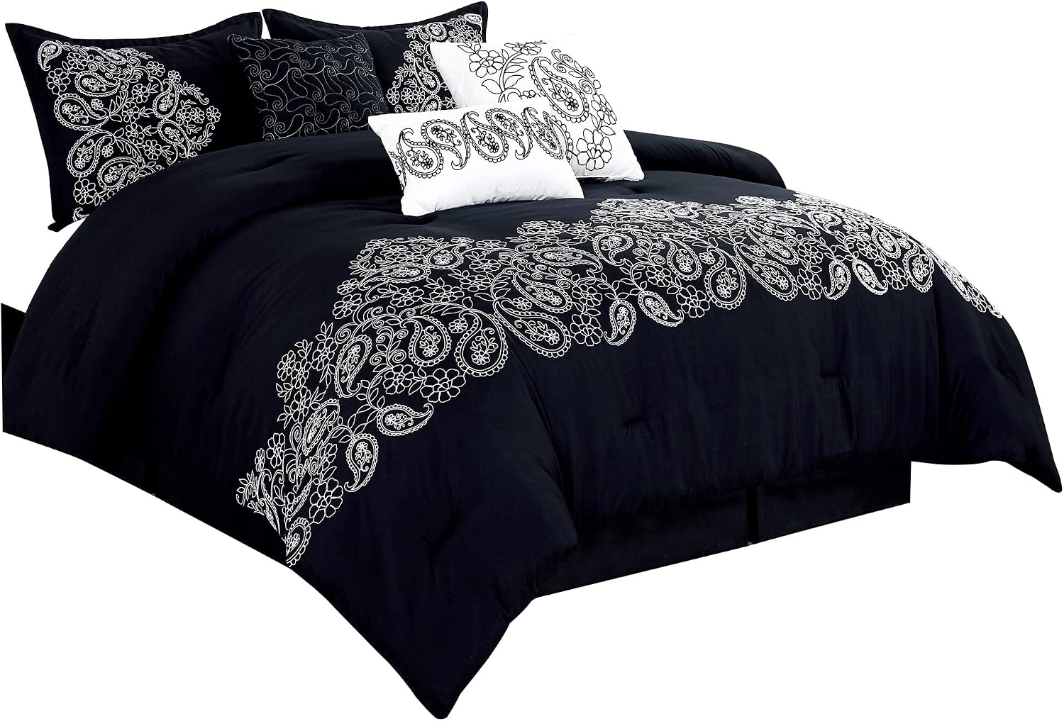 Chezmoi Collection Linz 7-Piece Black/White Paisley Floral Scroll Embroidered Comforter Set, King
