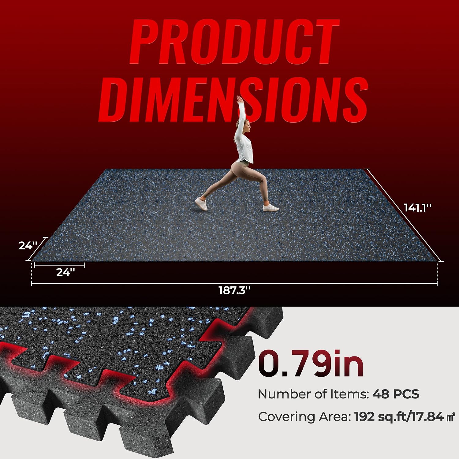 SUPERJARE 0.79'' Extra-Thick Exercise Equipment Mats, 48 Pcs 192 Sq Ft Rubber Top Floor Tiles with High Density EVA Foam, Interlocking Gym Flooring for Home Gym, Workout Mat, Black/Blue