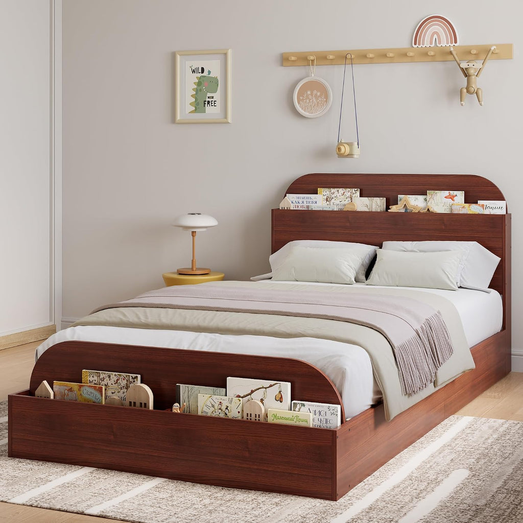 GarveeHome Twin XL Size Bed Frame, Wooden Beds with Storage Headboard and Raised-Foodboard, Twin XL-Floor Low Platform Bed for Bedroom, Sturdy Wooden Slats Support, No Box Spring Needed, Espresso