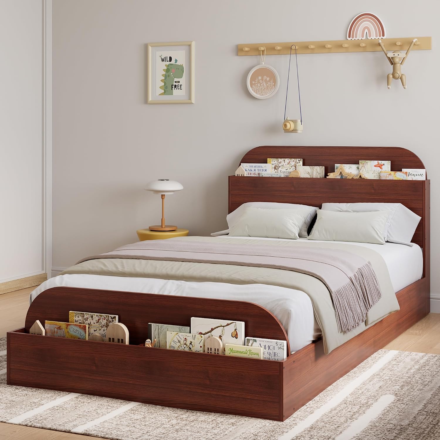 GarveeHome Twin XL Size Bed Frame, Wooden Beds with Storage Headboard and Raised-Foodboard, Twin XL-Floor Low Platform Bed for Bedroom, Sturdy Wooden Slats Support, No Box Spring Needed, Espresso