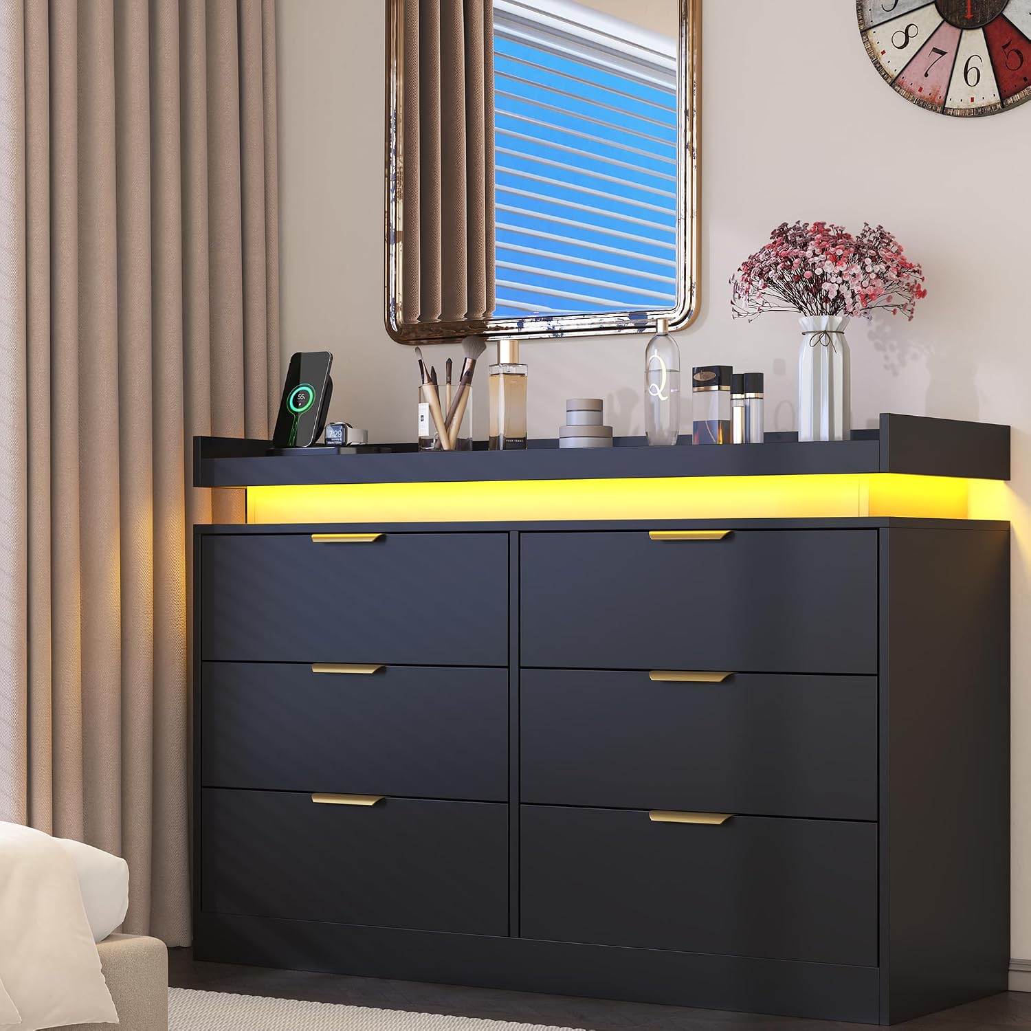 6 Drawer Dresser for Bedroom, Black Dresser with LED Lights and Power Outlet, Modern Chest of Drawers for Closet, Double Wide Drawer Organizer Cabinet for Bedroom, Living Room, Entryway, Hallway