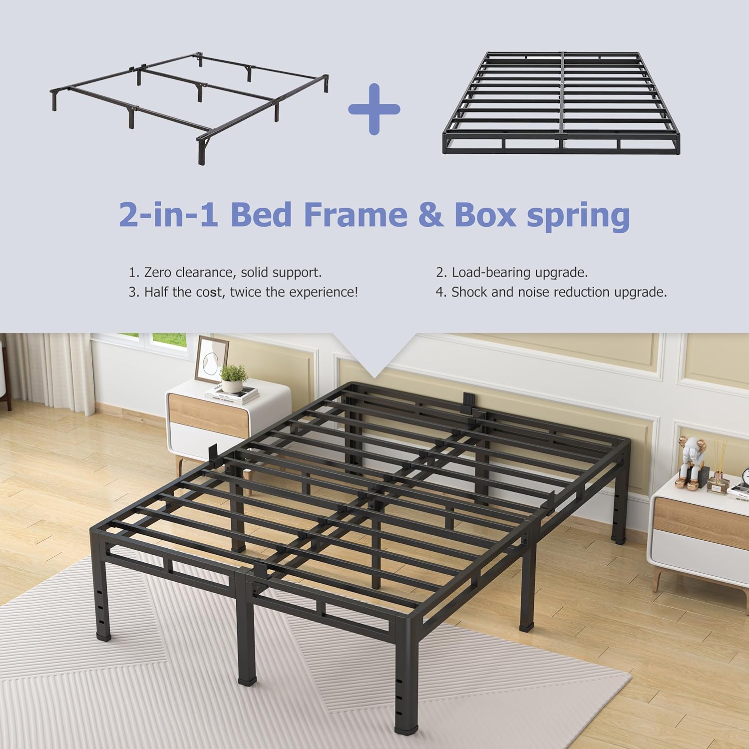 NKZ 22 Inch Full Size Bed Frame, Metal Bed Frame & Box Spring 2 in 1 Platform with Round Corner Legs, 4000Lbs Heavy Duty Metal Frame, Mattress Slide Stopper, Headboard Hole, Noise-Free, Easy Assembly