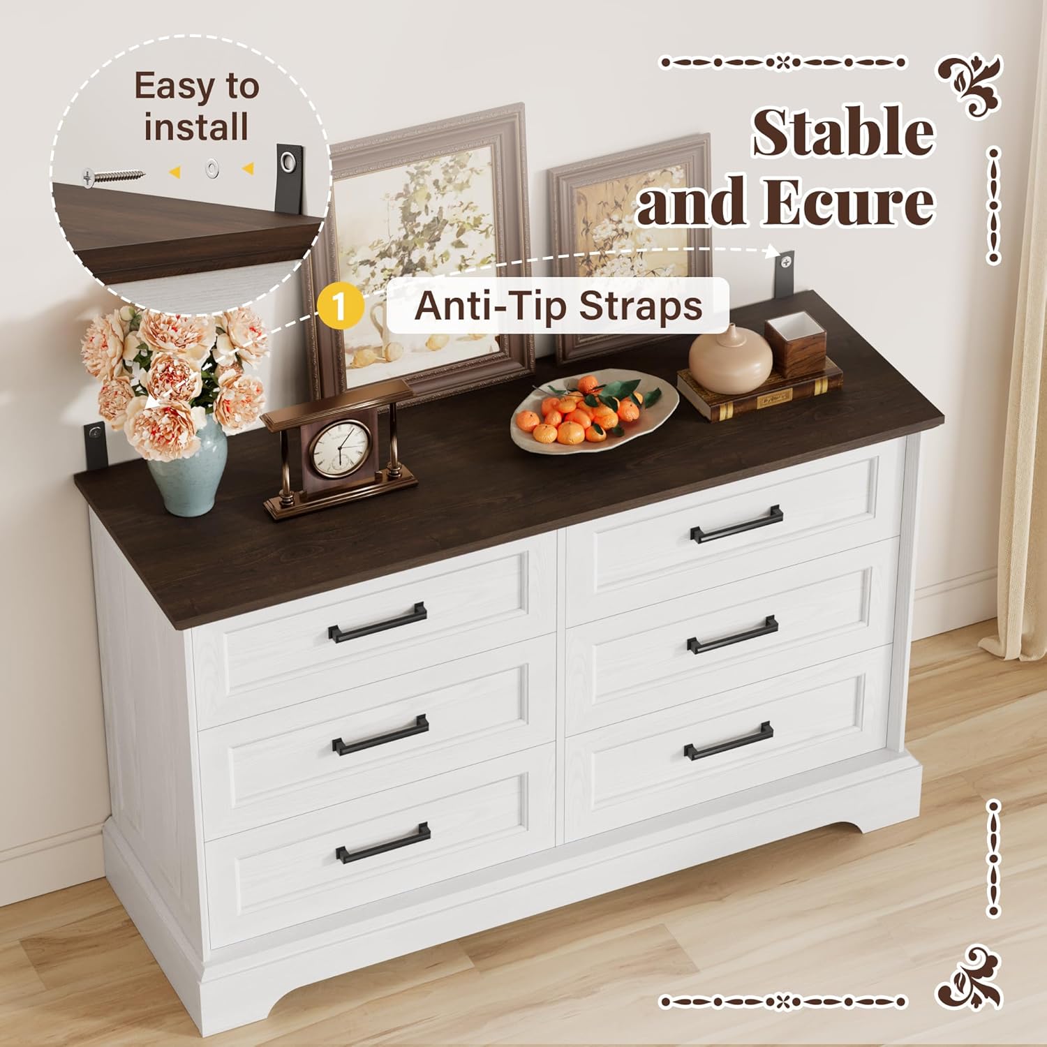 Furmax Farmhouse Dresser for Bedroom, 6 Drawers Dresser, Wood Chest of Drawers, 47.2' Wide Storage Dressers Organizer for Bedroom, Living Room, White and Brown