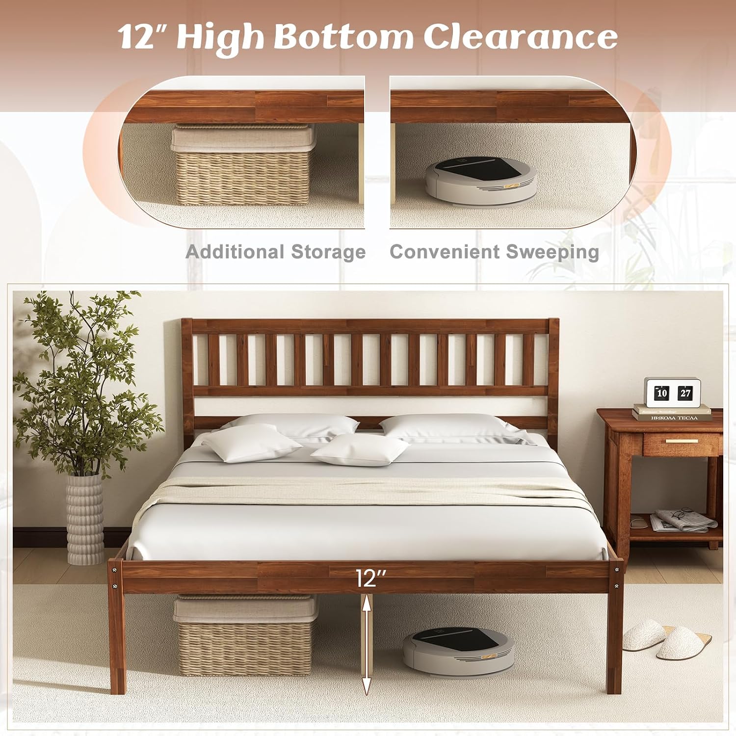 KOMFOTT Full Size Wood Platform Bed Frame with Headboard, 16-Inch Mid-Century Wooden Bed Frame with Slats Support & 12' Under Bed Storage Space, Retro Mattress Foundation, No Box Spring Needed