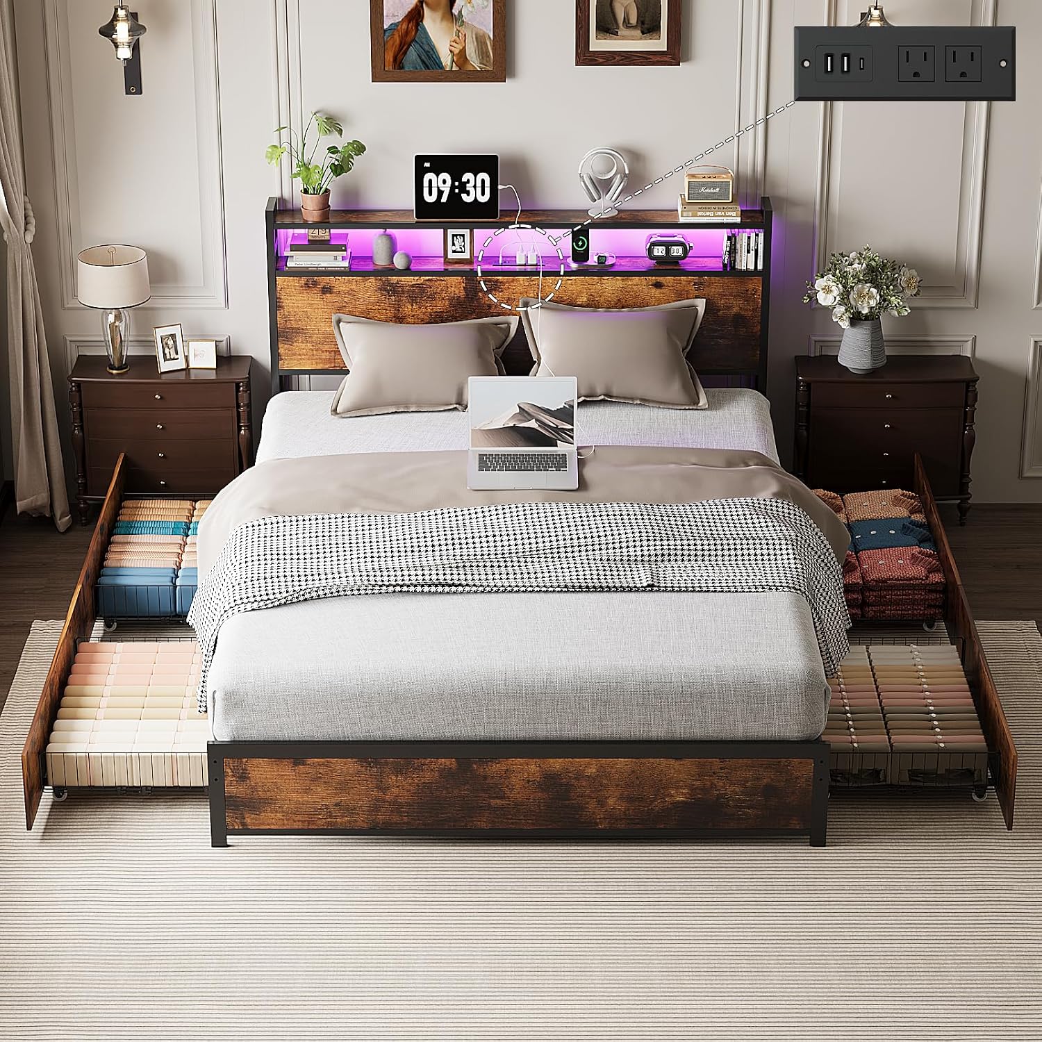 VINGLI Full Platform with 4 Storage Drawers and Headboard, Metal Double Bed with Charging Station and LED Lights, No Box Spring Needed, Noise Free, Easy Assembly, Vintage Brown