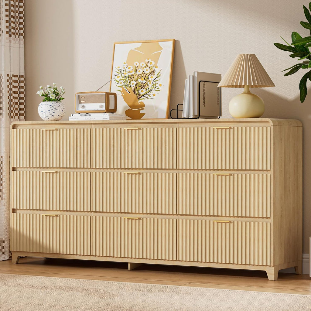 9 Drawer Dresser and 2 Nightstand Sets for Bedroom 3 Pcs Bedroom Set, Modern 57.9' Fluted Dresser with Metal Handles Nightstand Charging Station, Bedroom Furniture Set for Living Room, Natural