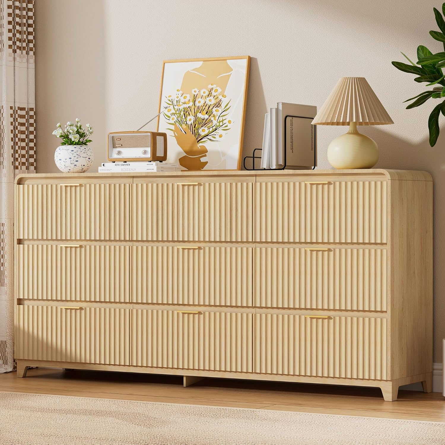 9 Drawer Dresser and 2 Nightstand Sets for Bedroom 3 Pcs Bedroom Set, Modern 57.9' Fluted Dresser with Metal Handles Nightstand Charging Station, Bedroom Furniture Set for Living Room, Natural