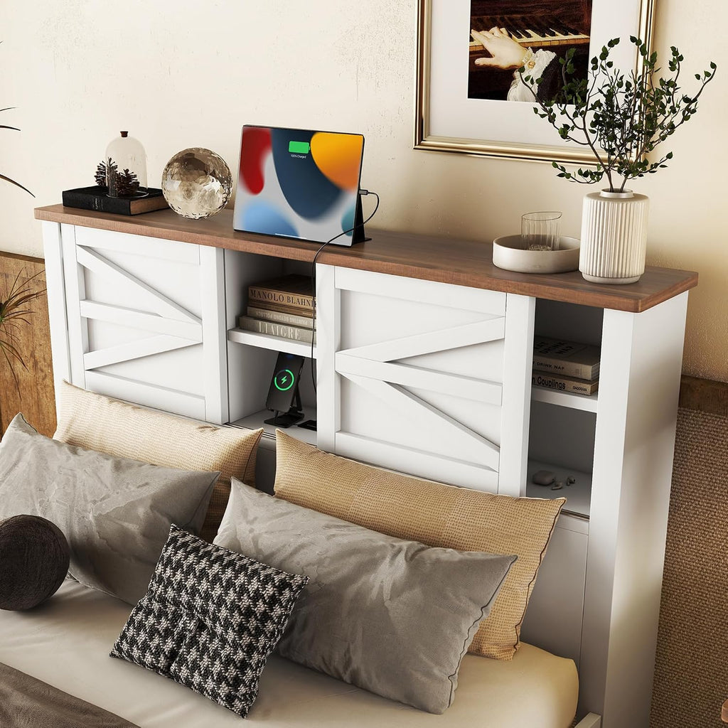 3 s Bedroom Sets Full Size Platform Bed with Double Sliding Door Storage Headboard and Charging Station, Storage Nightstand and Dresser, White+Brown