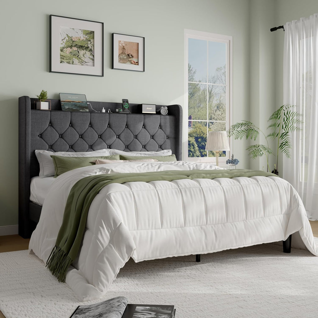 SHA CERLIN Full Size Platform Bed Frame with Charging Station, Linen Wingback Headboard with Storage Shelf, Wooden Slats Support, Ample Under-Bed Space, No Box Spring Needed, Easy Assembly, Dark Grey