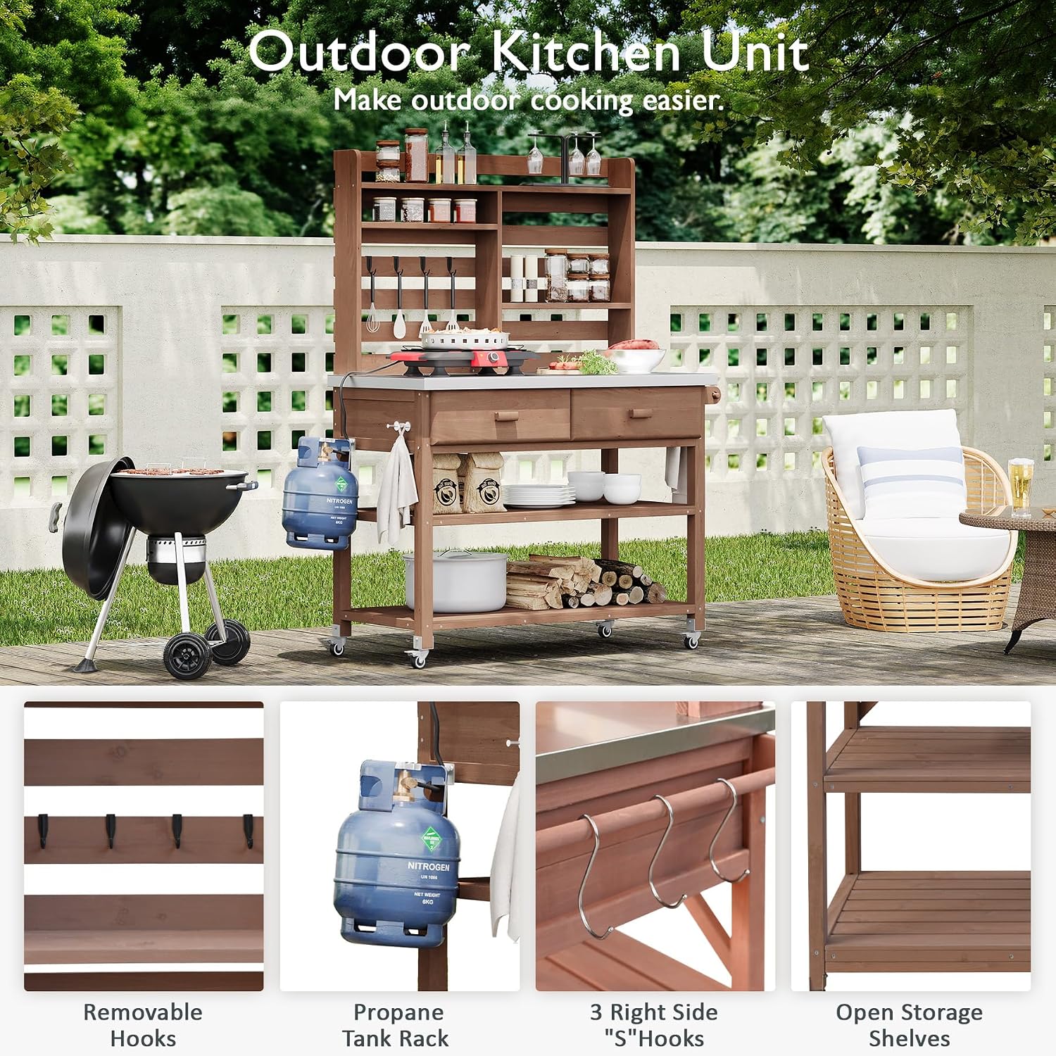 65' H Outdoor Potting Bench Table with Lockable Wheels, Wood Large Outdoor Kitchen Island Prep Station with Stainless Steel Top Waterproof Cover & Towel Rack for Outside Garden, Patio
