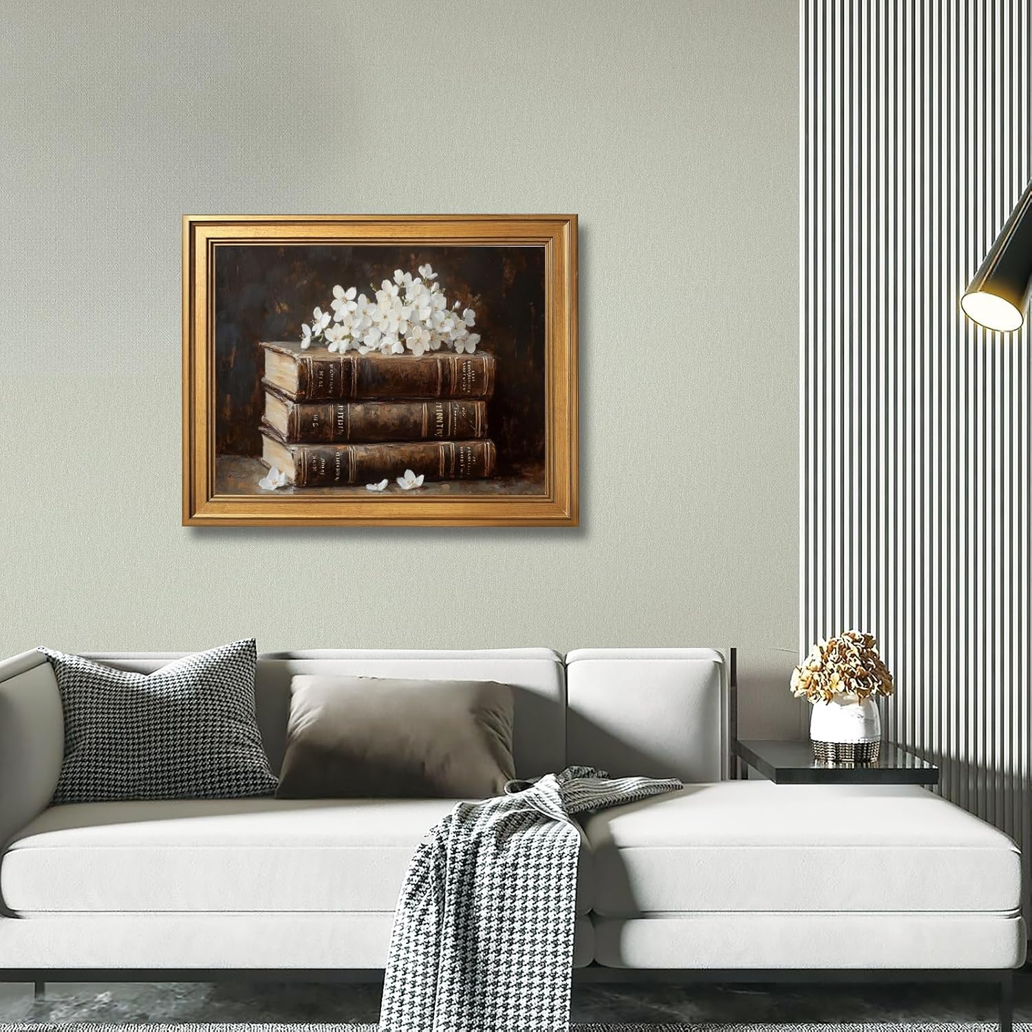 Large Framed Vintage Book and Dried Flowers Oil Painting Poster Retro Stacked Books Canvas Wall Art Classic Booklish Literary Floral Artwork Print for Rustic Bedroom Reading Nook Decor 24x36inch