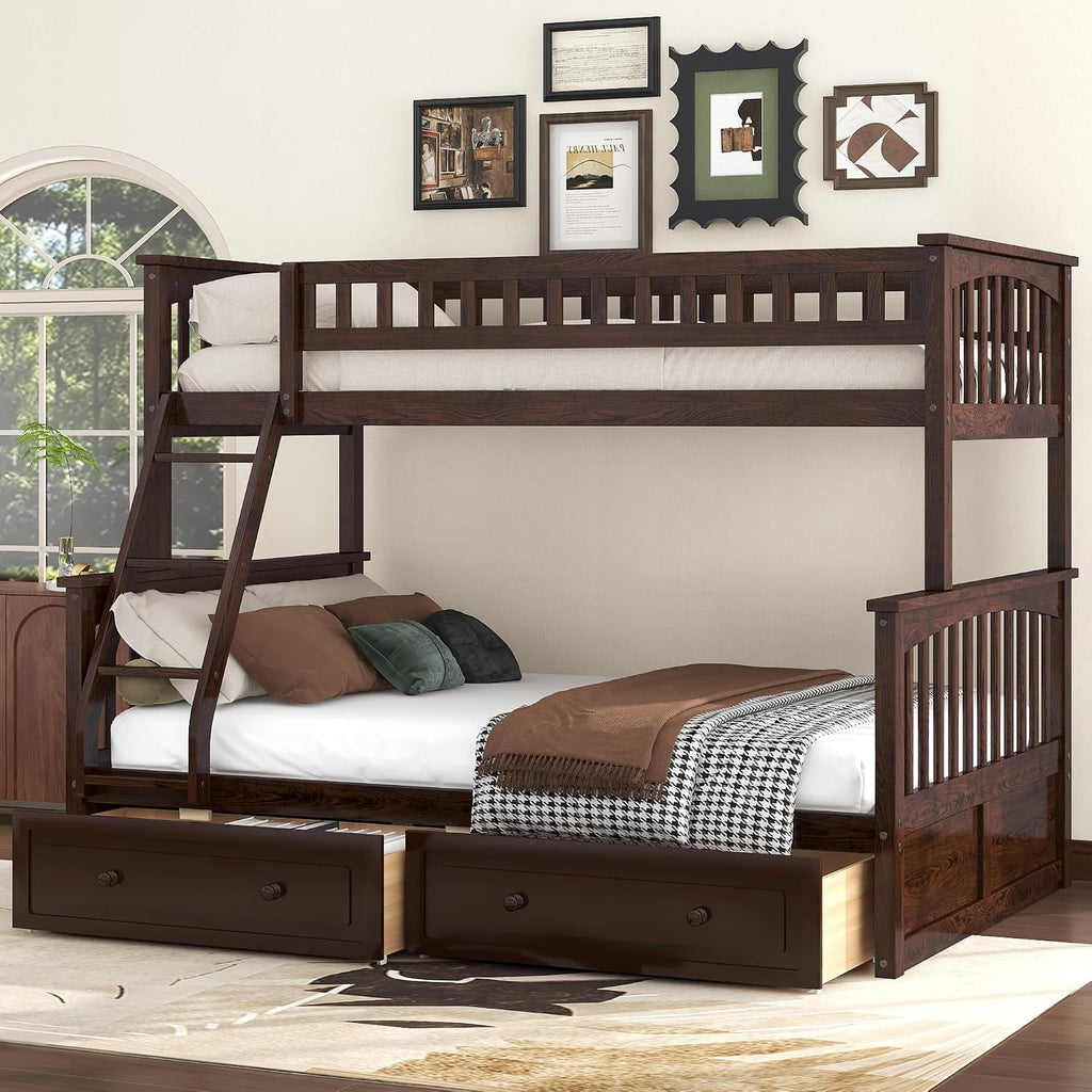 Harper & Bright Designs Convertible Wood Twin Over Full Bunk Bed with 2 Storage Drawers and Ladder - Can Be Divided Into Two Daybeds, Espresso