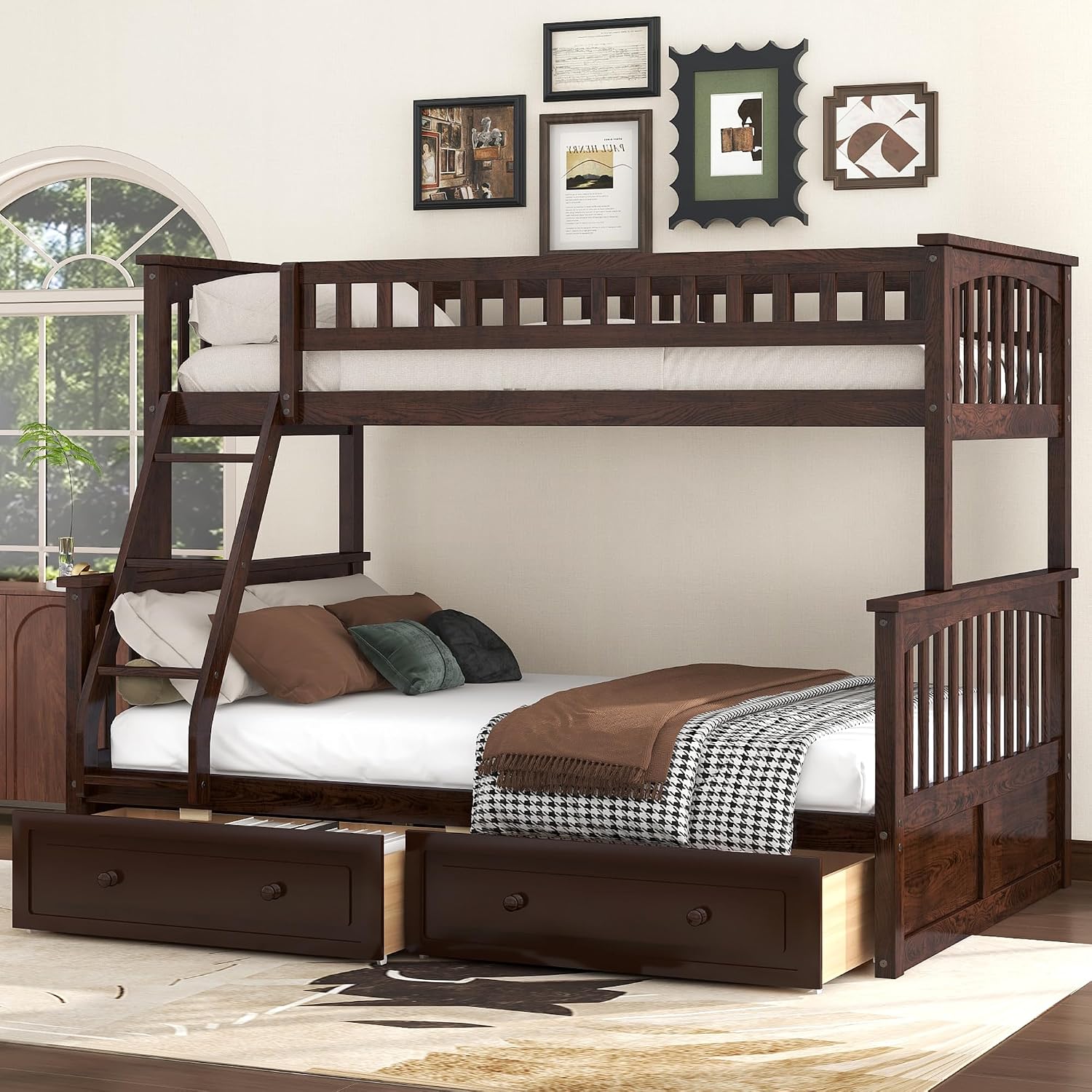 Harper & Bright Designs Convertible Wood Twin Over Full Bunk Bed with 2 Storage Drawers and Ladder - Can Be Divided Into Two Daybeds, Espresso