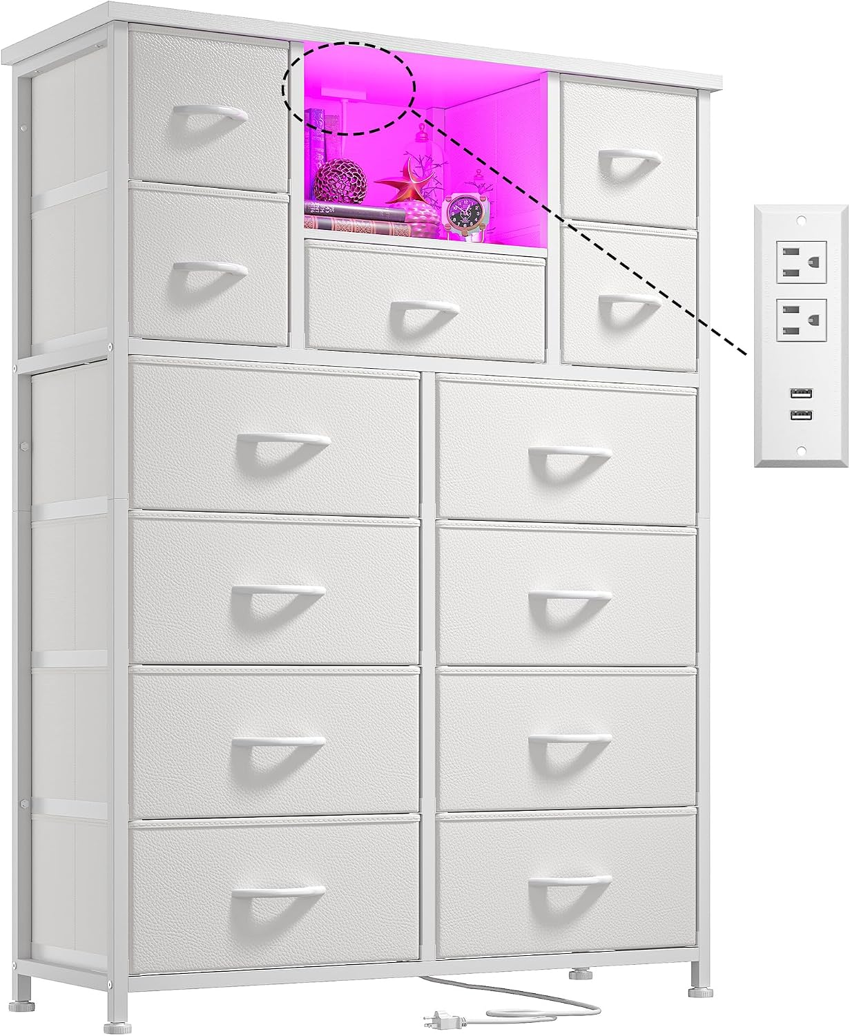 Romorgniz Dresser for Bedroom with 13 Fabric Drawers, White Dresser with LED and 4 Charging Ports and Open Shelves, 47''H Chest of Drawers for Entryway, Hallway