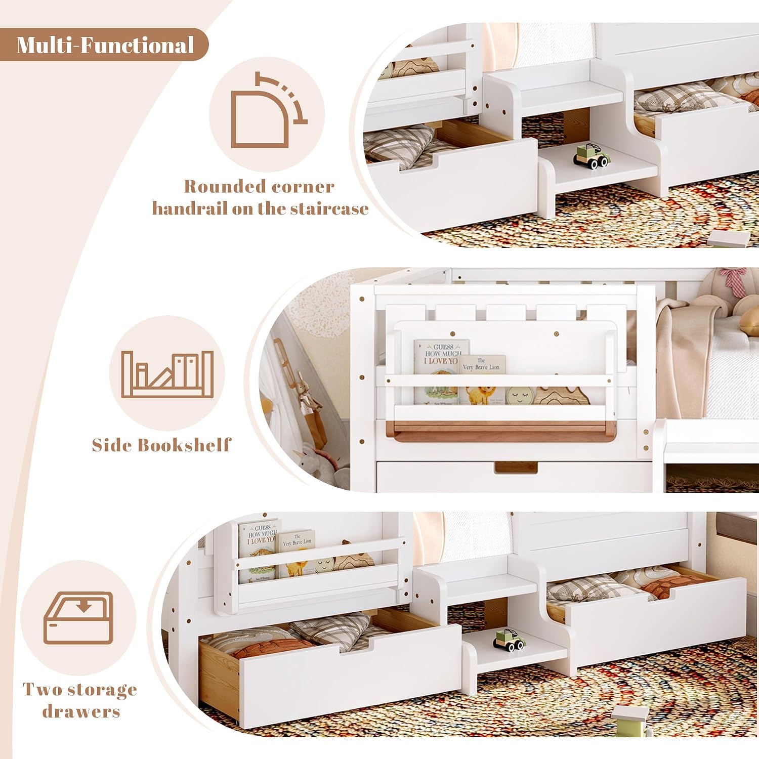 Bellemave Twin Montessori Bed with Stairs, Rails and Slats, Twin Size Montessori Floor Bed with Bookshelf and 2 Storage Drawers, Easy Assemble Beds Frame for Girls, Boys, White