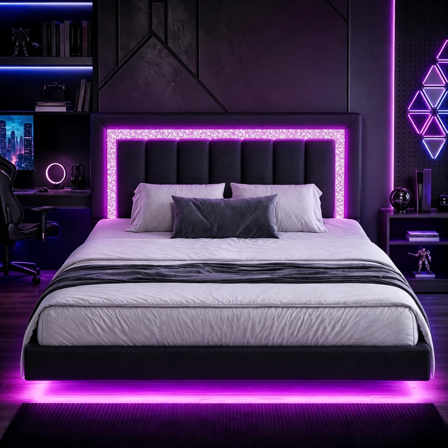 HOMBCK Floating Bed Frame Full with Smart LED Lights, Faux Leather Upholstered Bed Frame Full with Diamond Headboard, No Box Spring Needed, Noise Free, Easy Assembly, Black