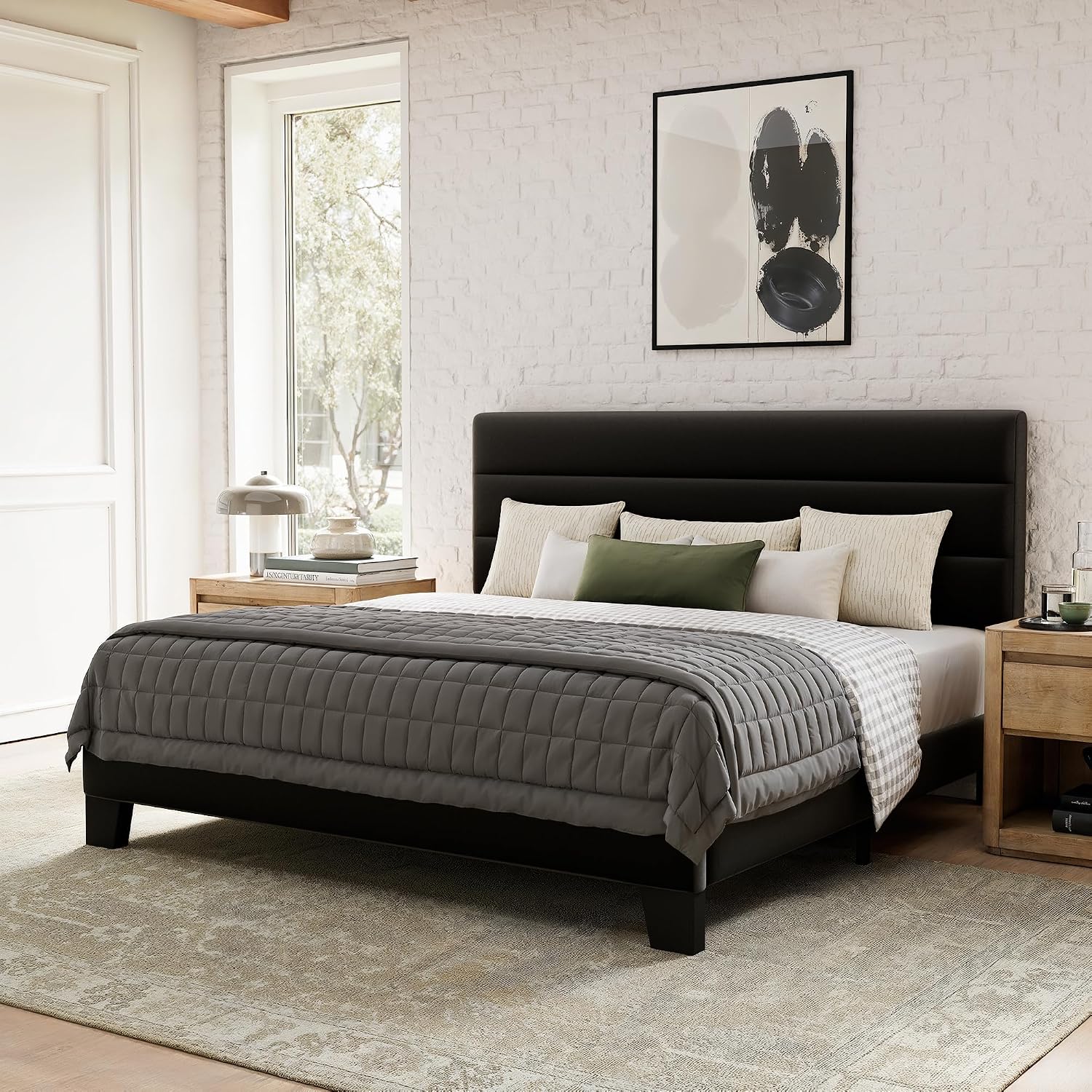 GOLDORO Full Size Platform Bed Frame with Upholstered Headboard, Wooden Slats Support, No Box Spring Needed, Easy Assembly, Black