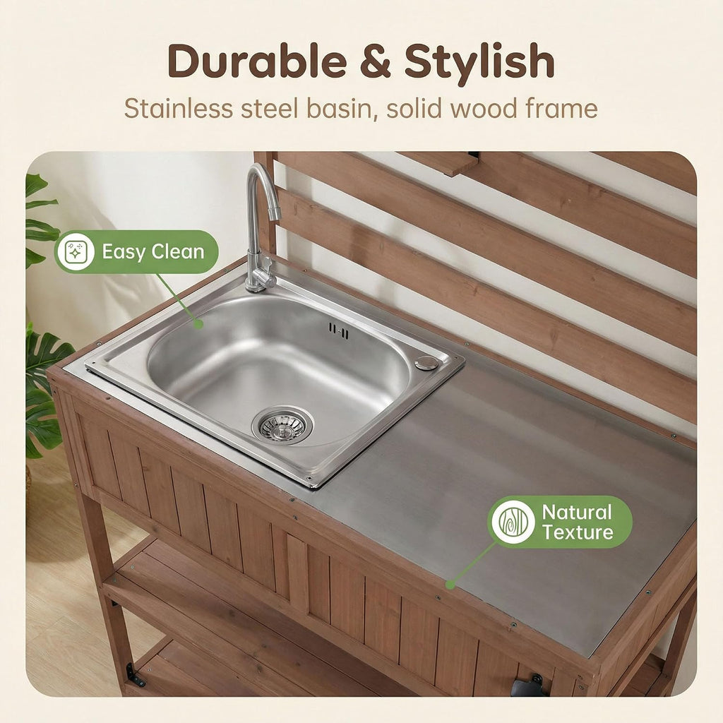 Outdoor Grill Table with Stainless Steel Sink, Outdoor Sink Station, 41.7' Rolling Kitchen Island Cart, Solid Wood Potting Table, 2 Shelves (Brown)