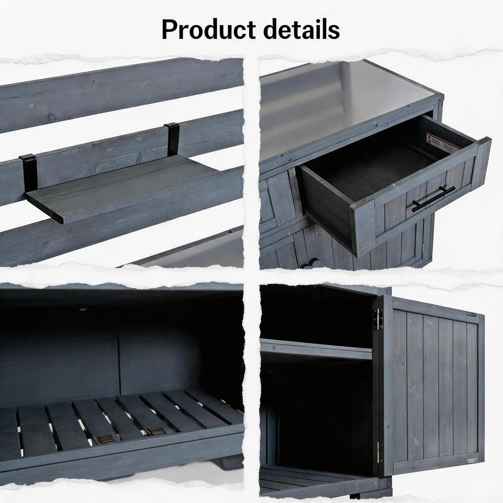 Outdoor Potting Bench with Storage Shelf and Cabinet, 65 in | Fir wood, 3-tier shelves, storage compartments, enclosed cabinet, anti-fall devices, garden, 47.2 W x 22.8 D x 65 H in