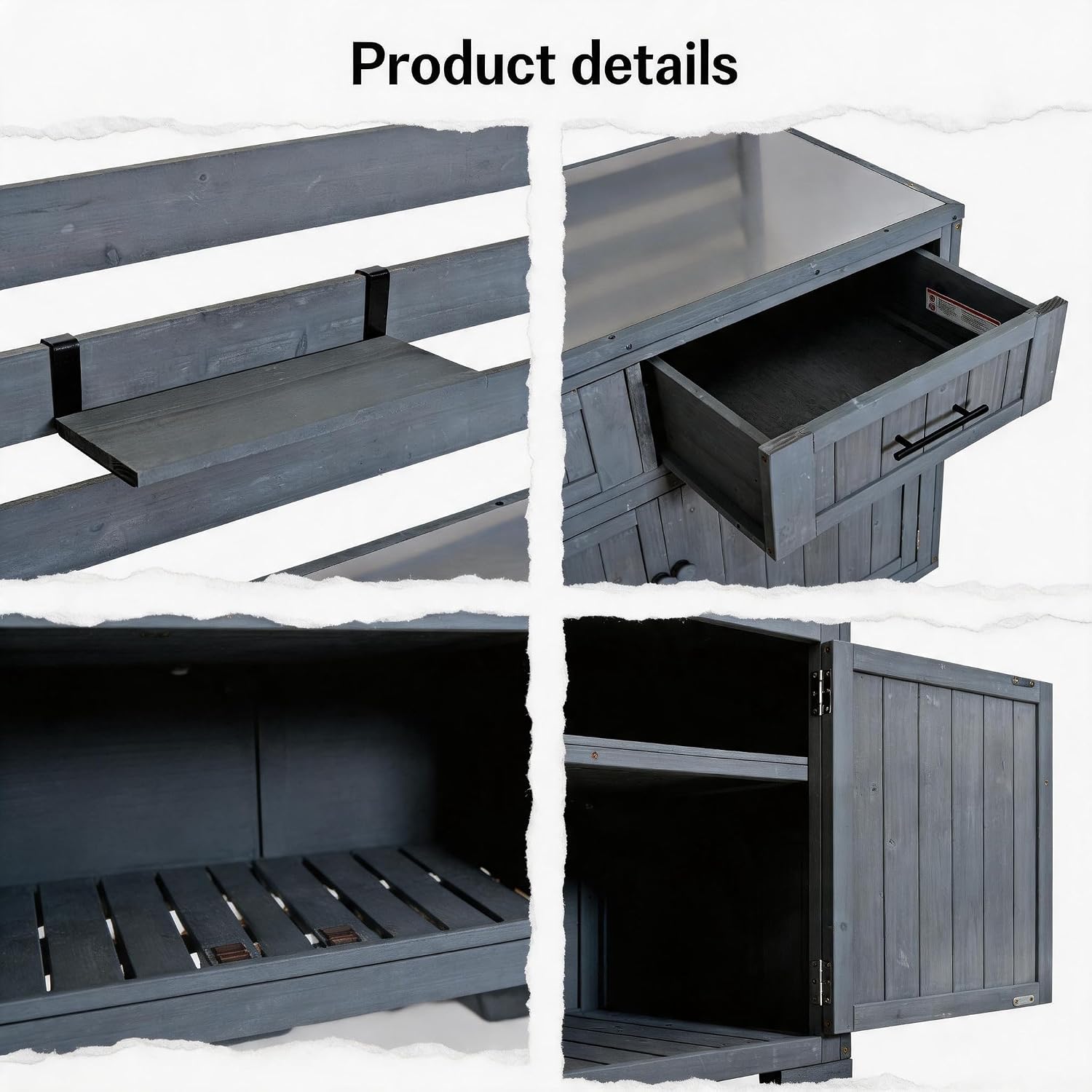 Outdoor Potting Bench with Storage Shelf and Cabinet, 65 in | Fir wood, 3-tier shelves, storage compartments, enclosed cabinet, anti-fall devices, garden, 47.2 W x 22.8 D x 65 H in