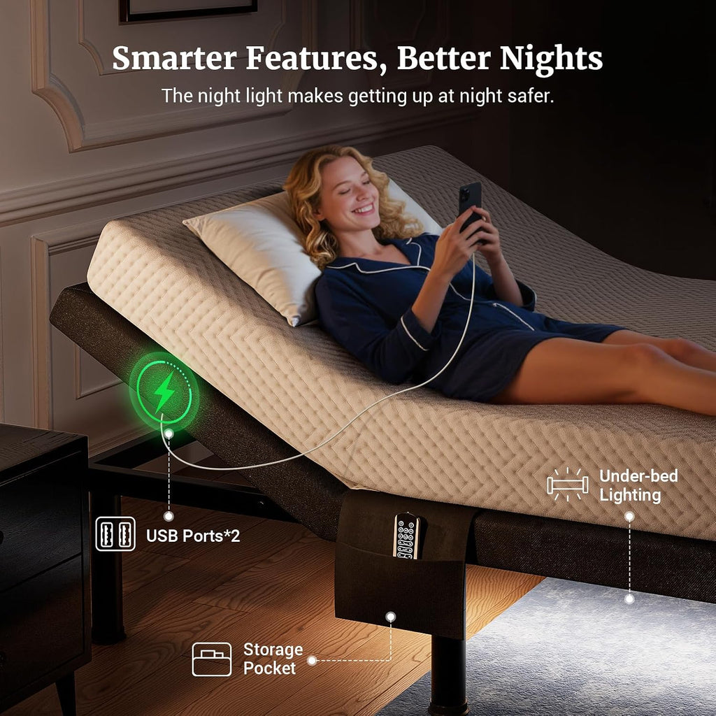 Tami Tami T600 Adjustable Bed Frame Twin XL Size with Remote & Massage - Syncable Electric Beds Bases, Zero Gravity, USB, Side Pocket, Nightlight, Quiet Motor, 5 Min Easy Assembly