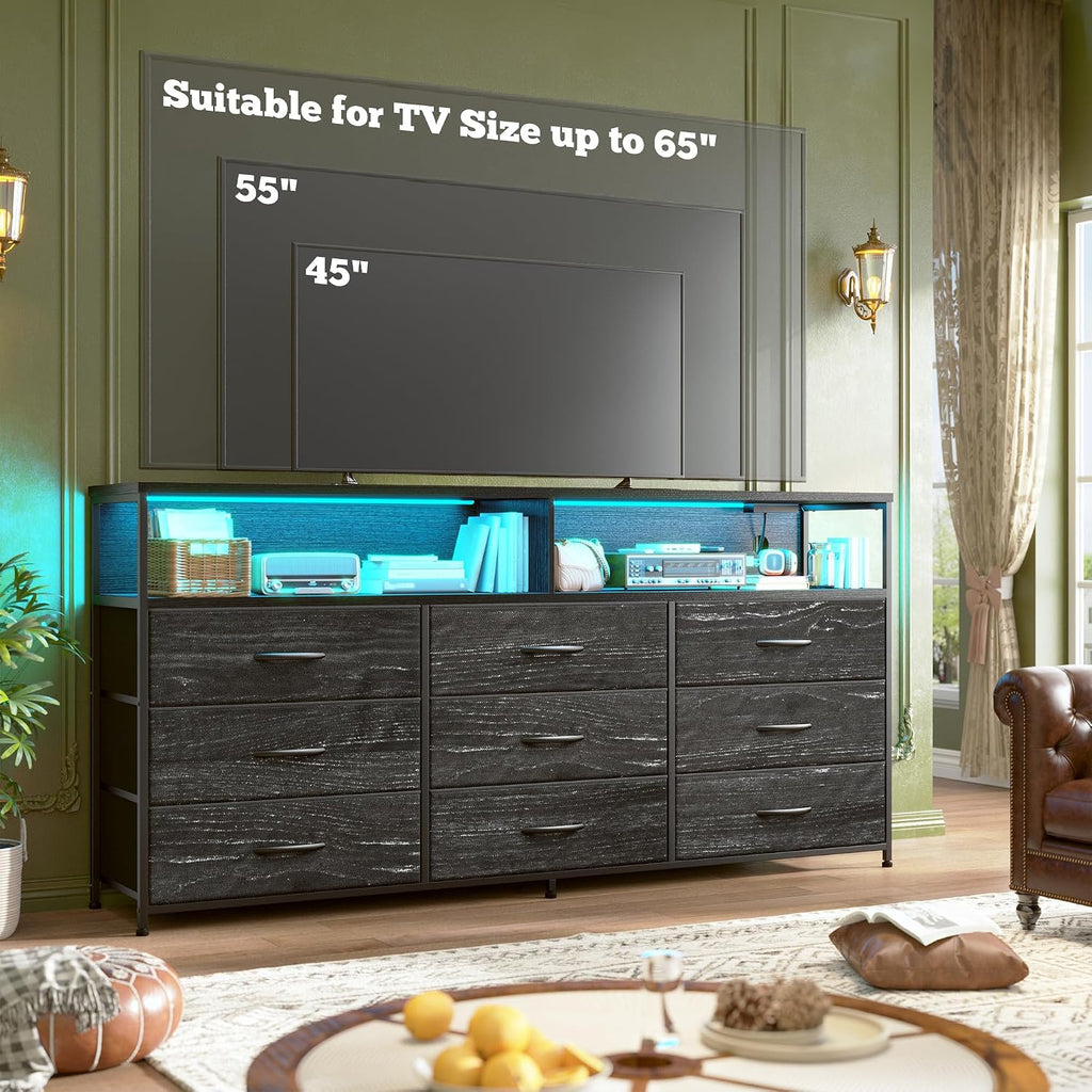 Romorgniz 55' W Dresser for Bedroom with 9 Drawers LED TV Stand with Power Outlets for 45, 55, 65 Inch TV Sturdy Long Chest of Drawers with Extra 2 Wooden Shelves Steel Frame Grain Black