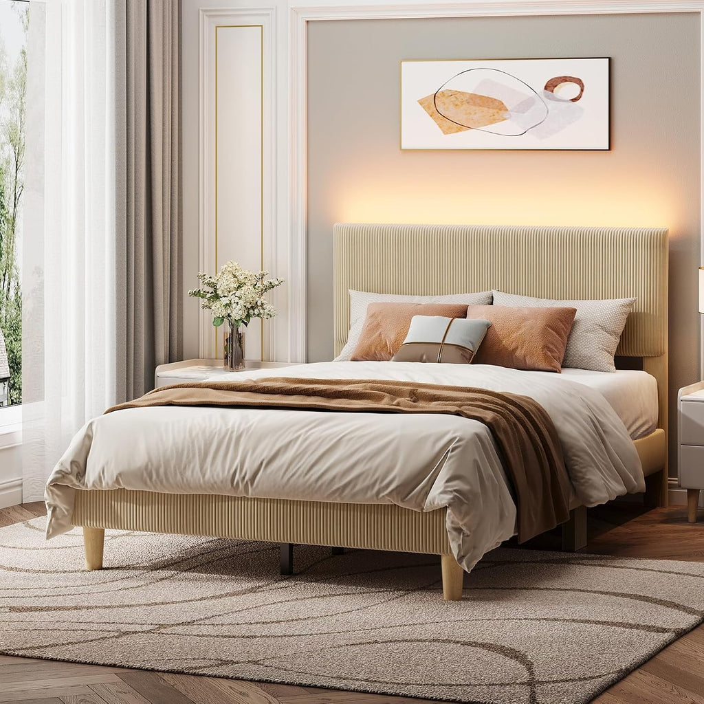 Bestier Full Size Bed Frame with Adjustable Headboard,LED Lighting,Vertical Channel Tufted Corduroy Upholstered, Solid Wooden Slats Support,No Box Spring Needed,Never Squeaks,Easy Assembly, Taupe
