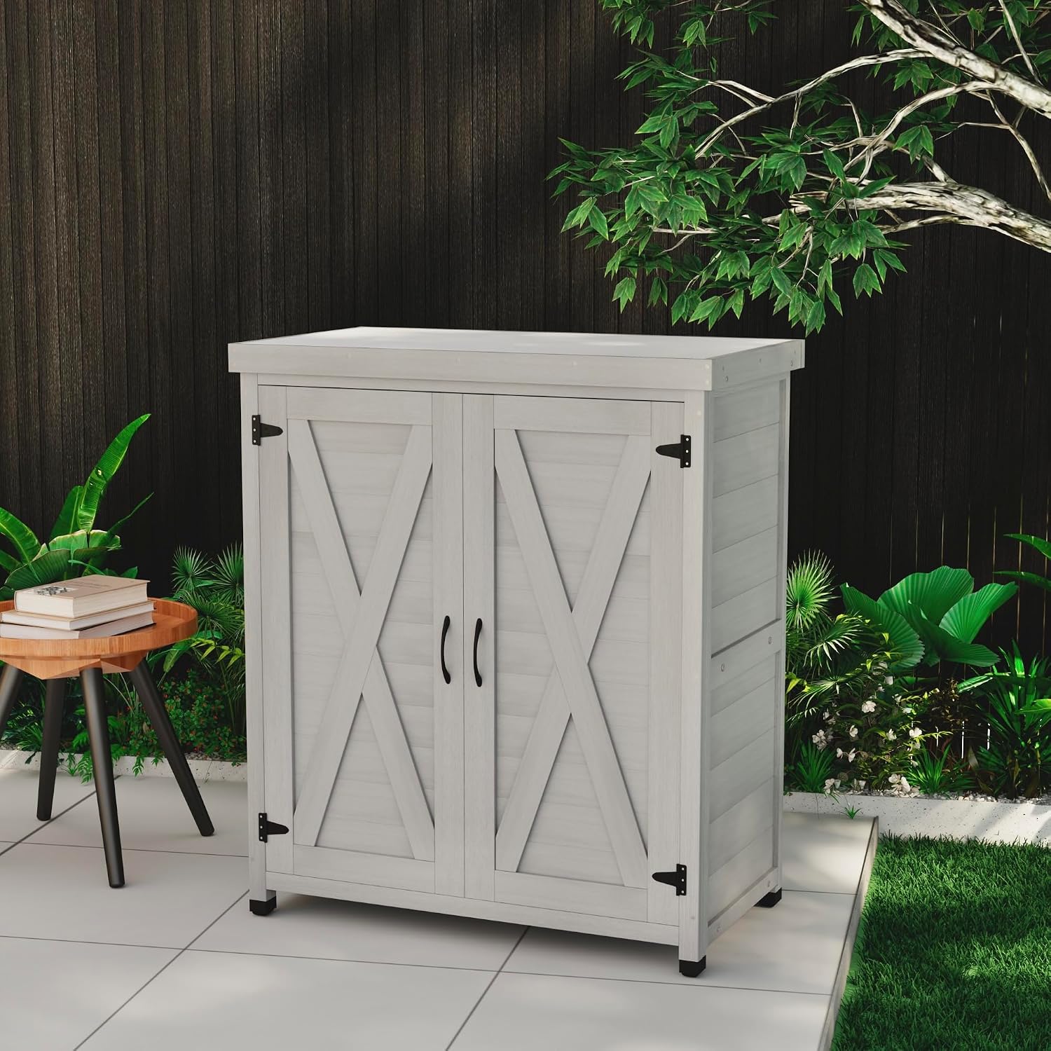 Potting Bench with Storage Cabinet and Metal Table Top for Outdoor Patio,Outdoor Work Station Table