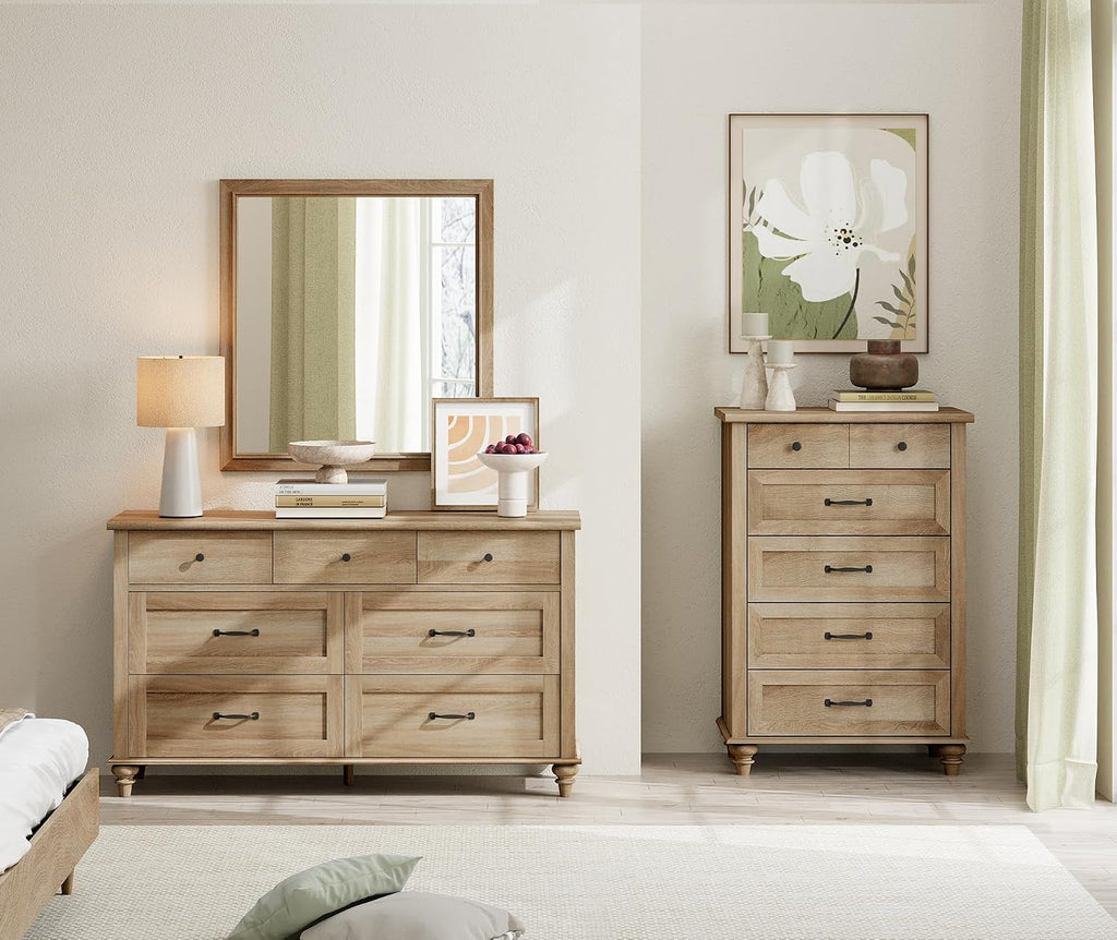 WAMPAT 2 Piece Dresser Set for Bedroom, One Farmhouse Dresser with 7 Drawers, One Baby Chest of Drawers with 5 Drawers, Wooden Closet Storage Organizer Set for Living Room, Kids Room, Oak