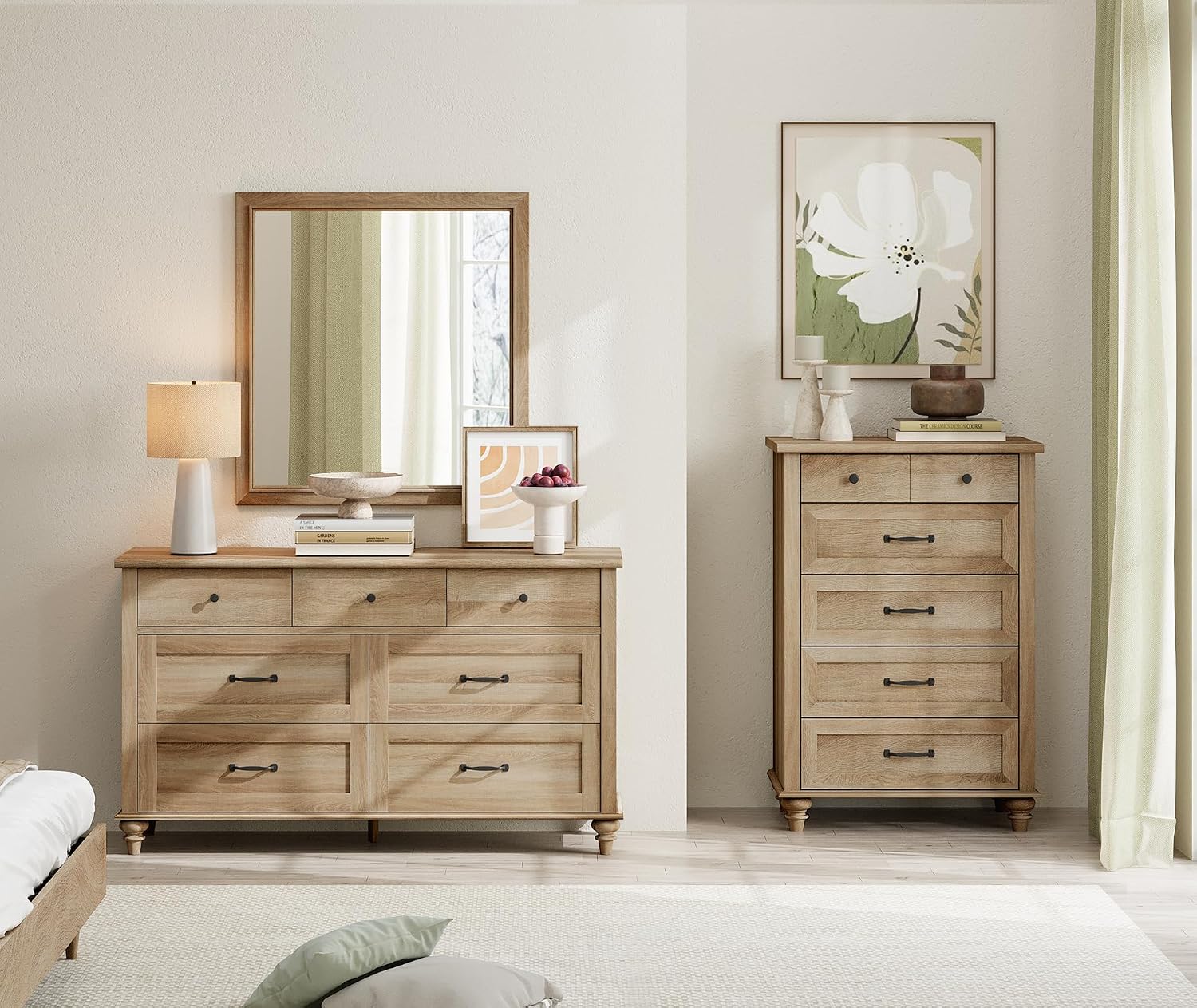 WAMPAT 2 Piece Dresser Set for Bedroom, One Farmhouse Dresser with 7 Drawers, One Baby Chest of Drawers with 5 Drawers, Wooden Closet Storage Organizer Set for Living Room, Kids Room, Oak