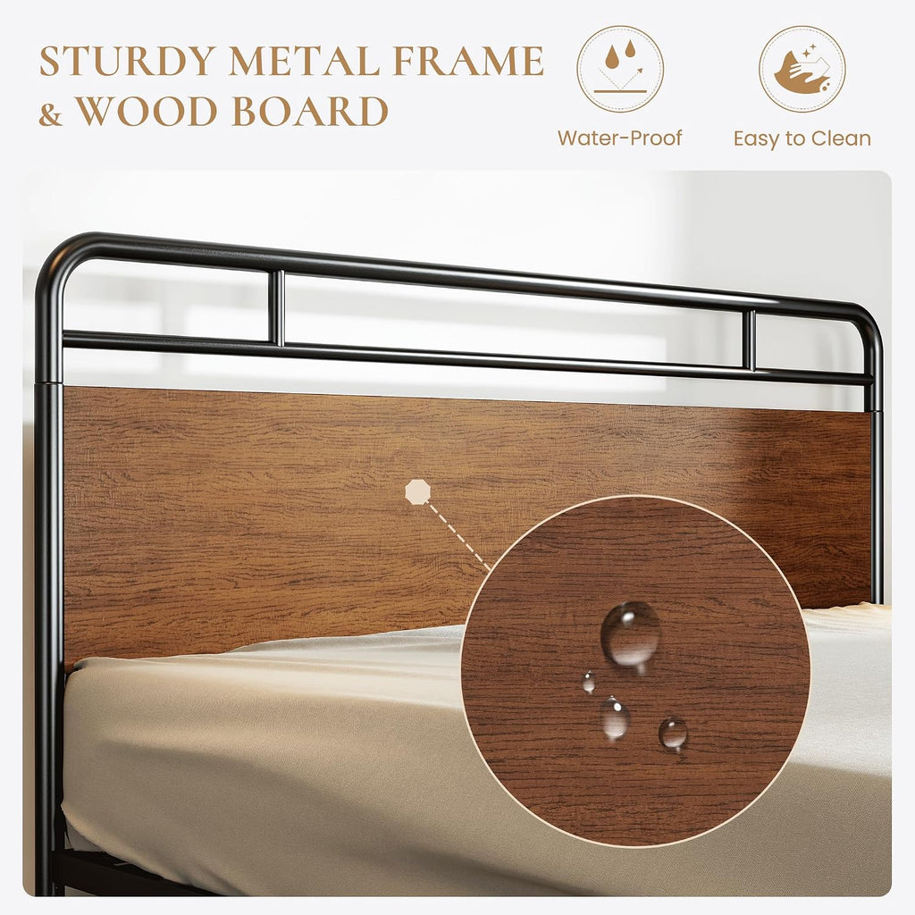 SHA CERLIN King Size Bed Frame with Wooden Headboard and Footboard, Rounded Corner Metal Structure, Heavy Duty Slats with Under-Bed Storage, No Box Spring Needed, Walnut