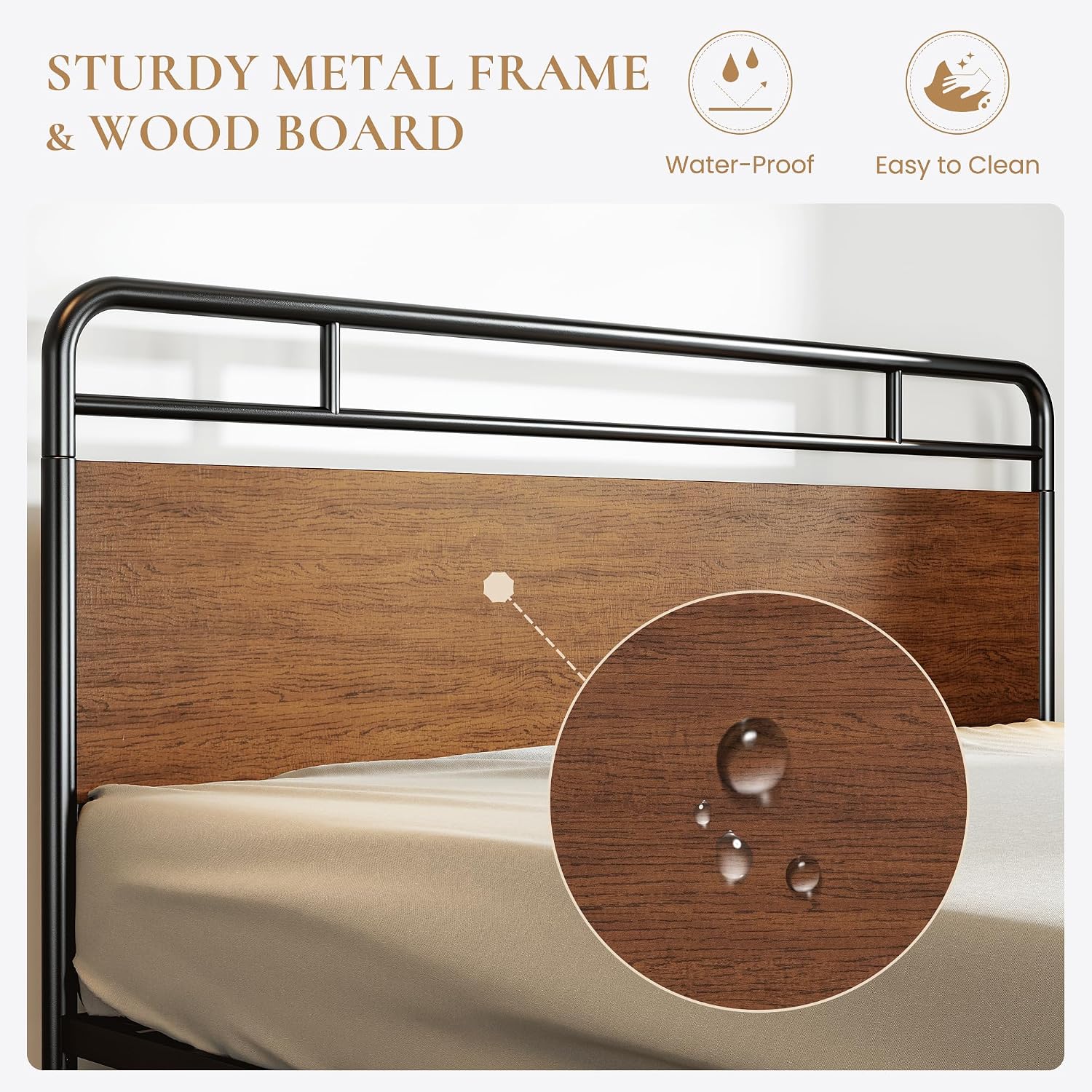 SHA CERLIN King Size Bed Frame with Wooden Headboard and Footboard, Rounded Corner Metal Structure, Heavy Duty Slats with Under-Bed Storage, No Box Spring Needed, Walnut