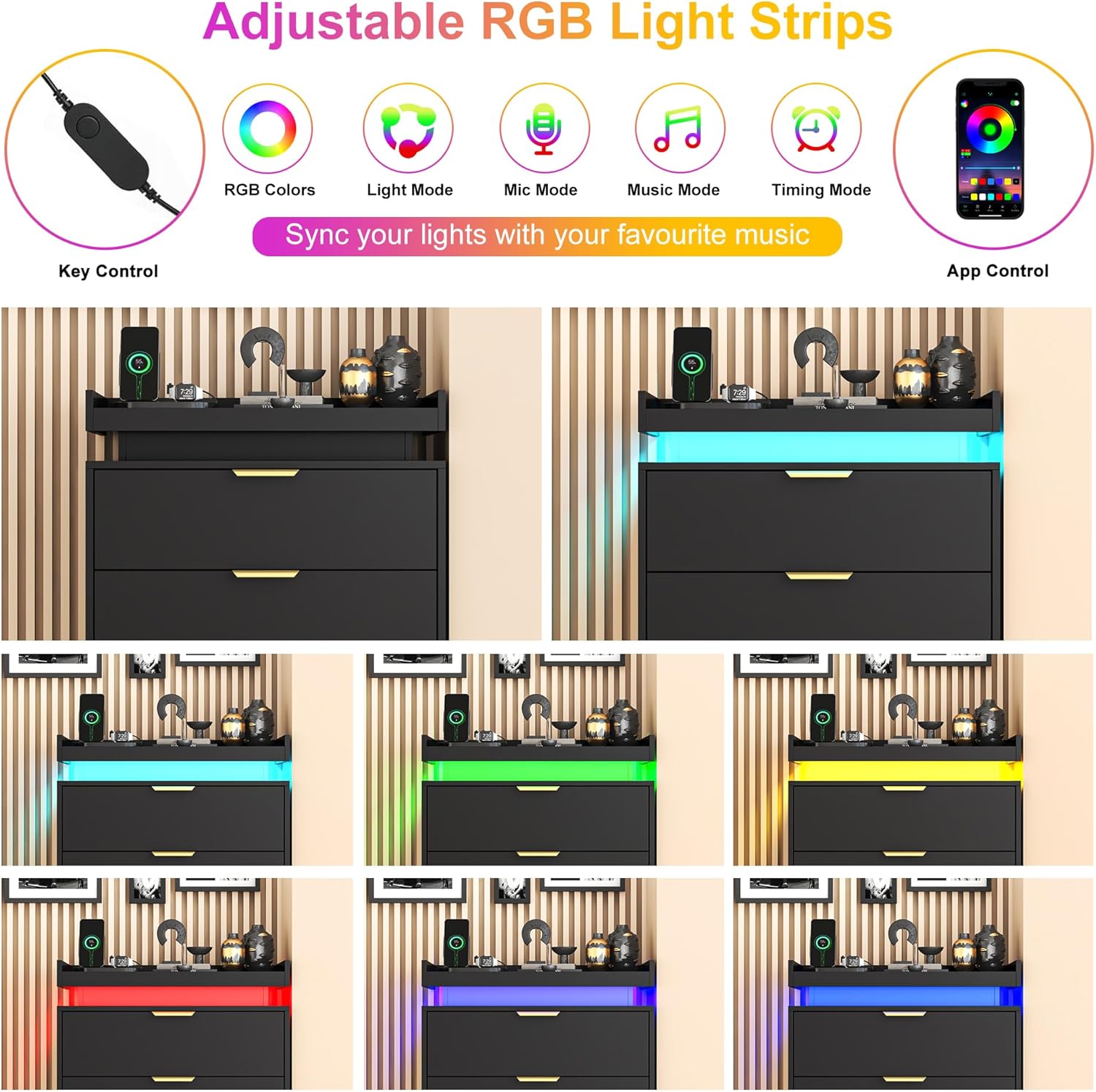 knoworld Black Dresser with LED Lights, Wooden LED Dresser, 4 Drawer Chest with Charging Station, Tall Chest of Drawer Closet Organizer for Bedroom, Living Room, Entryway, Hallway
