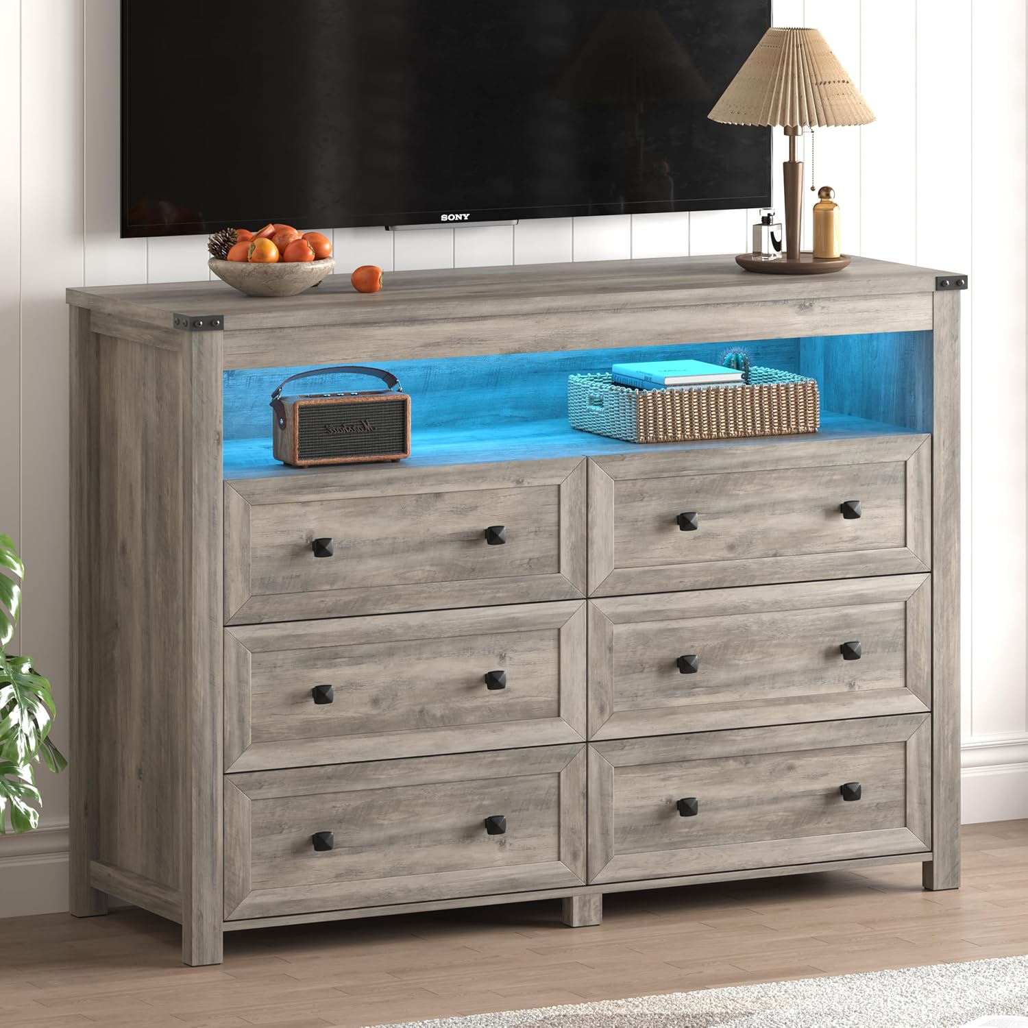 Dresser for Bedroom with 6 Drawers, Wide Chest of Drawers with LED Light and Power Outlet, Wooden Closet Organizer Clothes Storage Cabinet, Modern Double Dressers for Living Room, Hallway, Grey