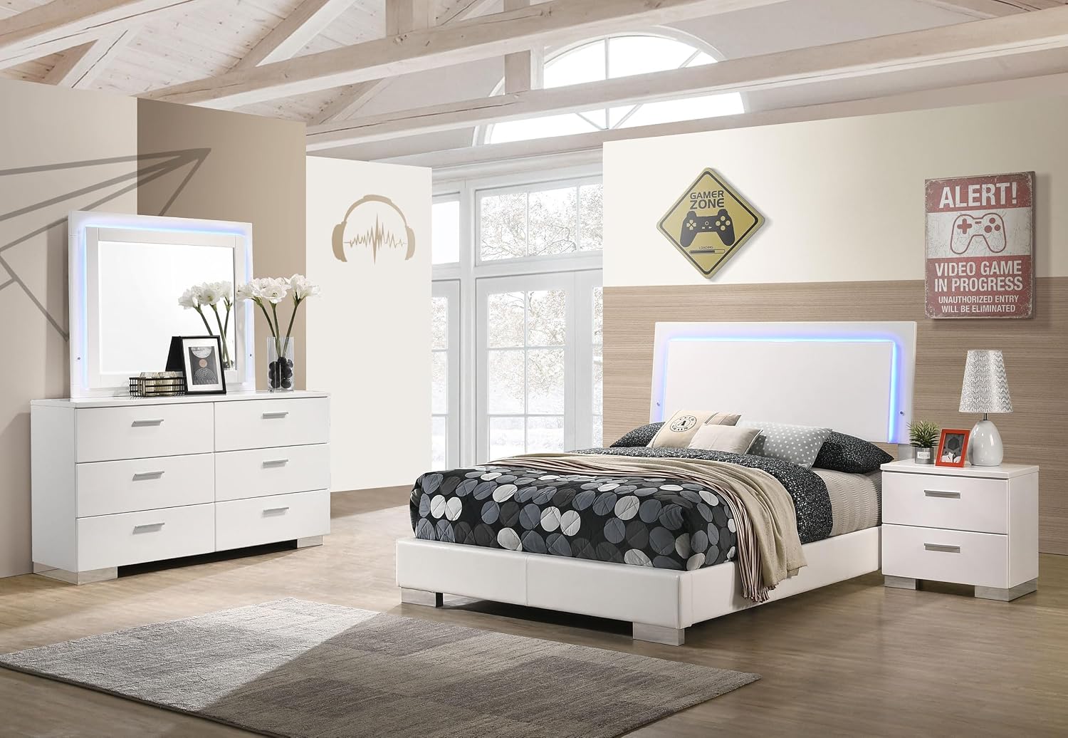 Coaster Home Furnishings Felicity Contemporary 4-Piece Bedroom Set Full Size LED Panel Bed Frame 49-inch Headboard White High Gloss 203500F-S4L