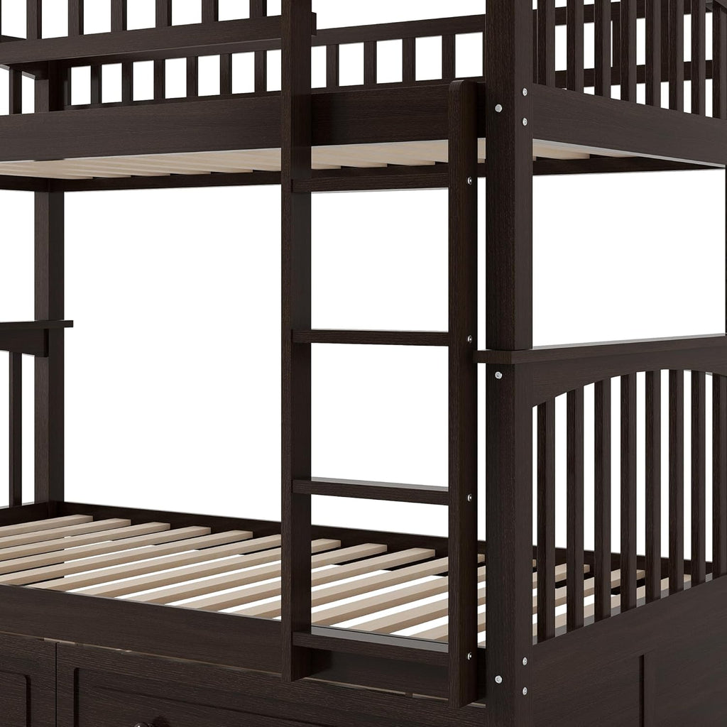 Harper & Bright Convertible Wood Twin-Over-Twin Bunk Bed with Storage Drawers and Ladder - Can Be Divided Into Two Daybeds,Espresso