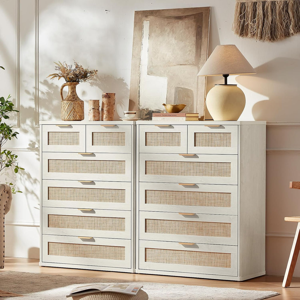 LEYAOYAO White Dresser for Bedroom Set of 2, 41' Tall Chest of Drawers, Modern 6 Drawers Boho Rattan Dressers with Storage, Dresser Wooden Closet Organizer for Living Room, Hallway