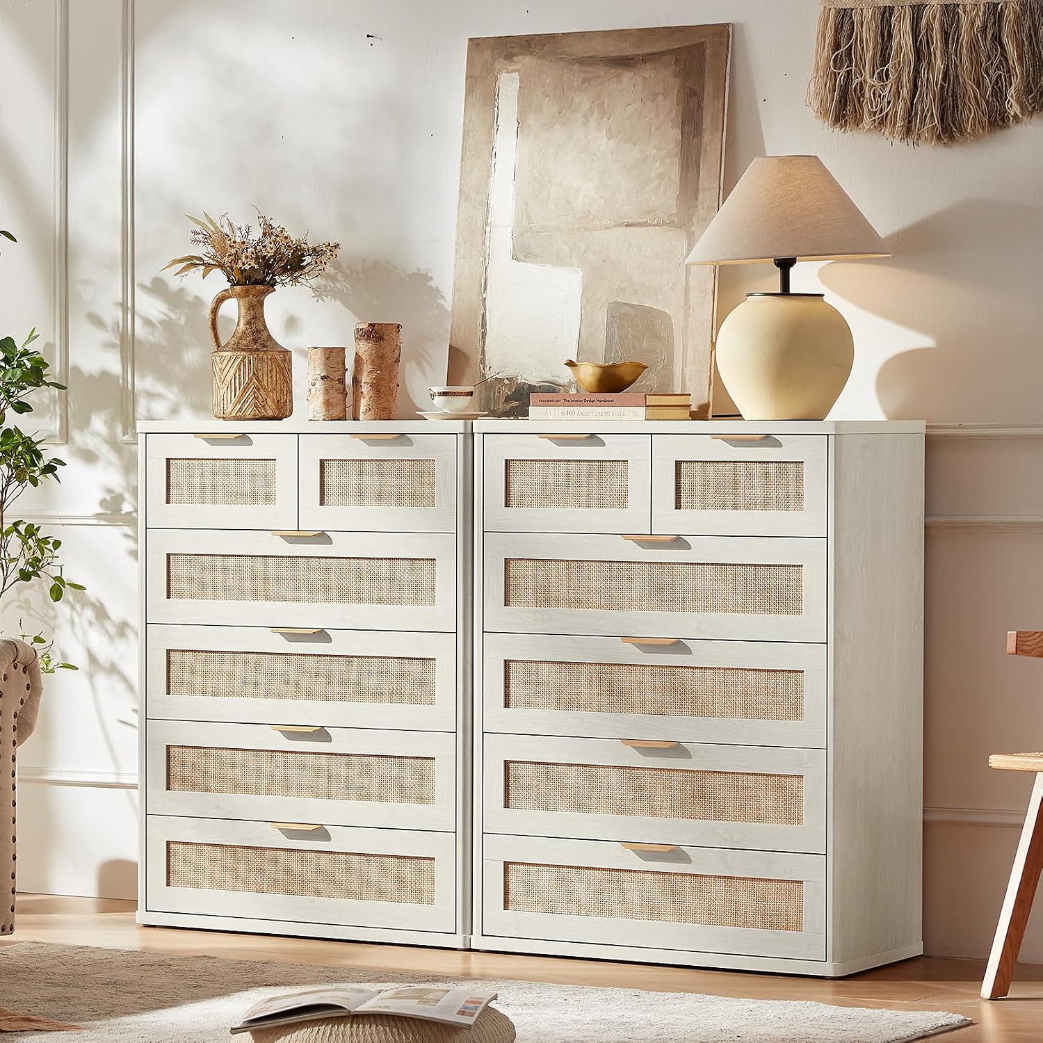 LEYAOYAO White Dresser for Bedroom Set of 2, 41' Tall Chest of Drawers, Modern 6 Drawers Boho Rattan Dressers with Storage, Dresser Wooden Closet Organizer for Living Room, Hallway