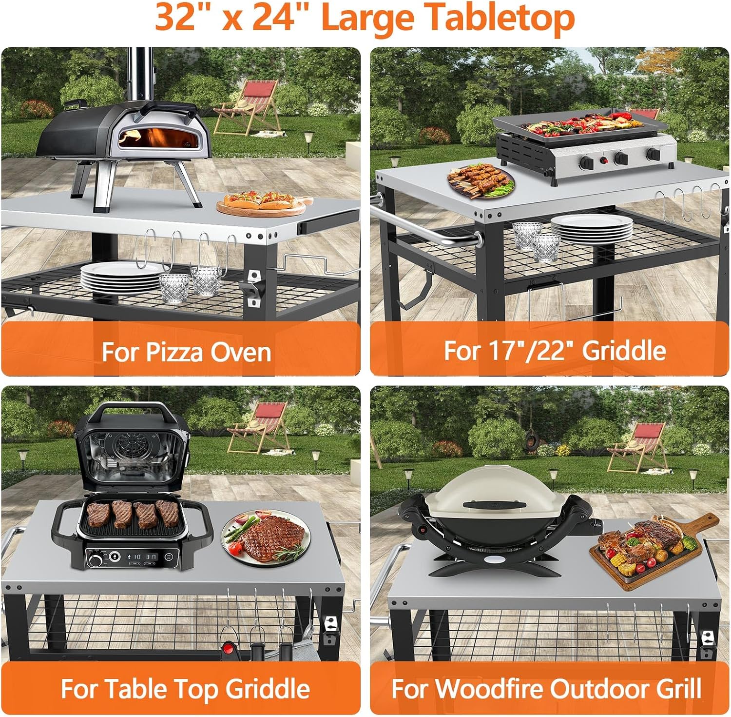 M METERXITY Stainless Steel Pizza Oven Table for Ooni, 650lbs Outdoor Grill Cart with Wheels and Handle, 32'x 24' Three-Shelf Food Prep Cart for Griddle, Movable Outdoor Pizza Cart