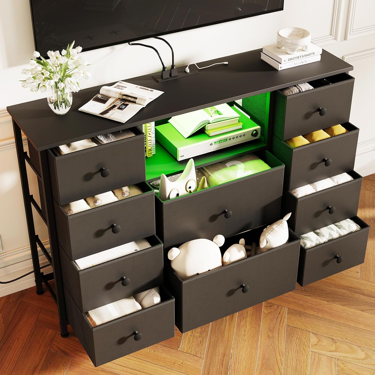 Dresser for Bedroom with 10 Drawers, Black Storage Organizer TV Stand for 55' TV with LED Lights and Sockets, Fabric Chest of Drawers with PU Finish for Closets, Entryway, Living Room, Hallway