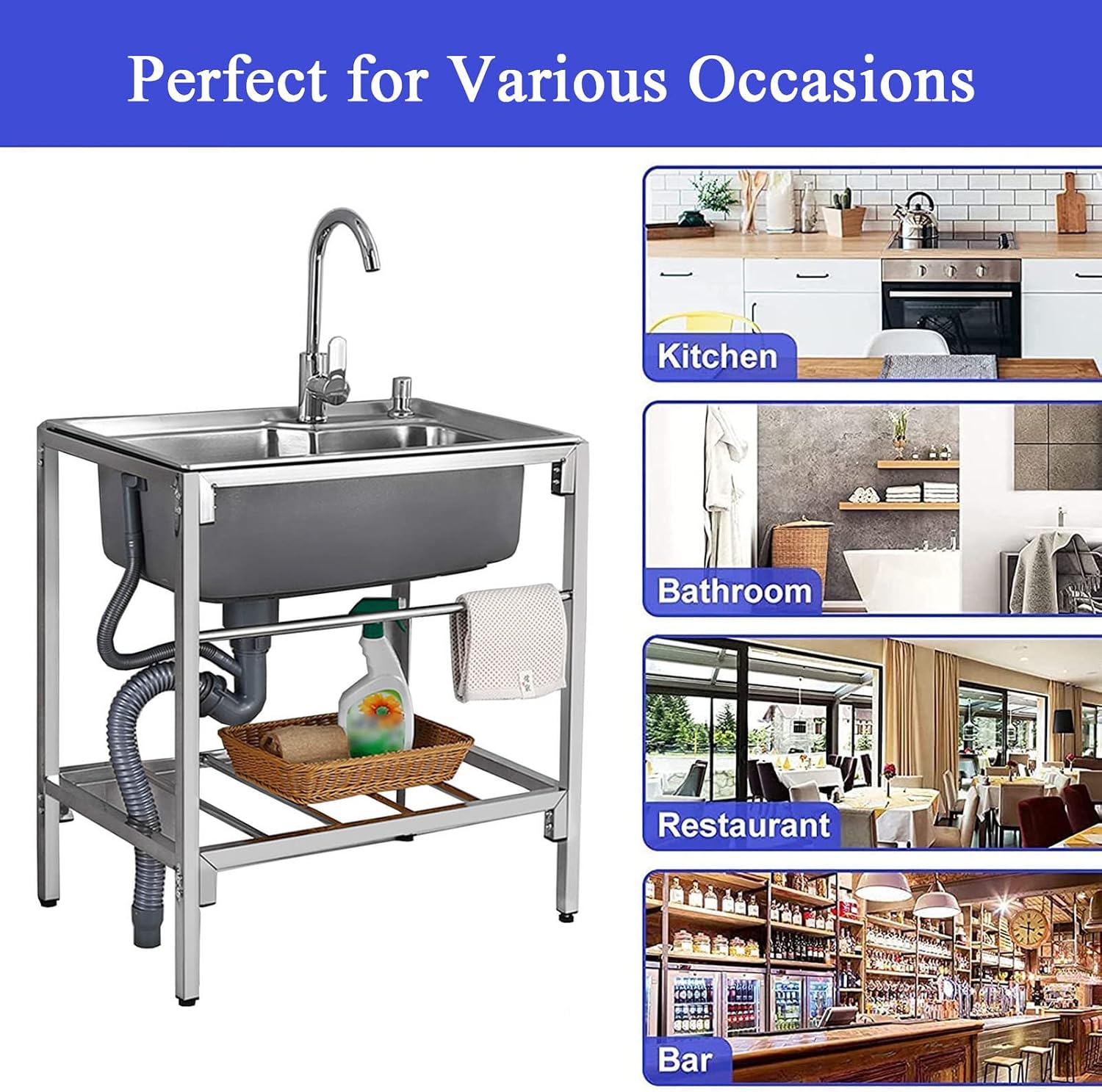 Kitchen Commercial Kitchen Sink, Wash Basin 304 Stainless Steel 1 Compartment Outdoor Workbench with 360° Hot and Cold Swivel Faucet Commercial Sinks for Outdoor Indoor